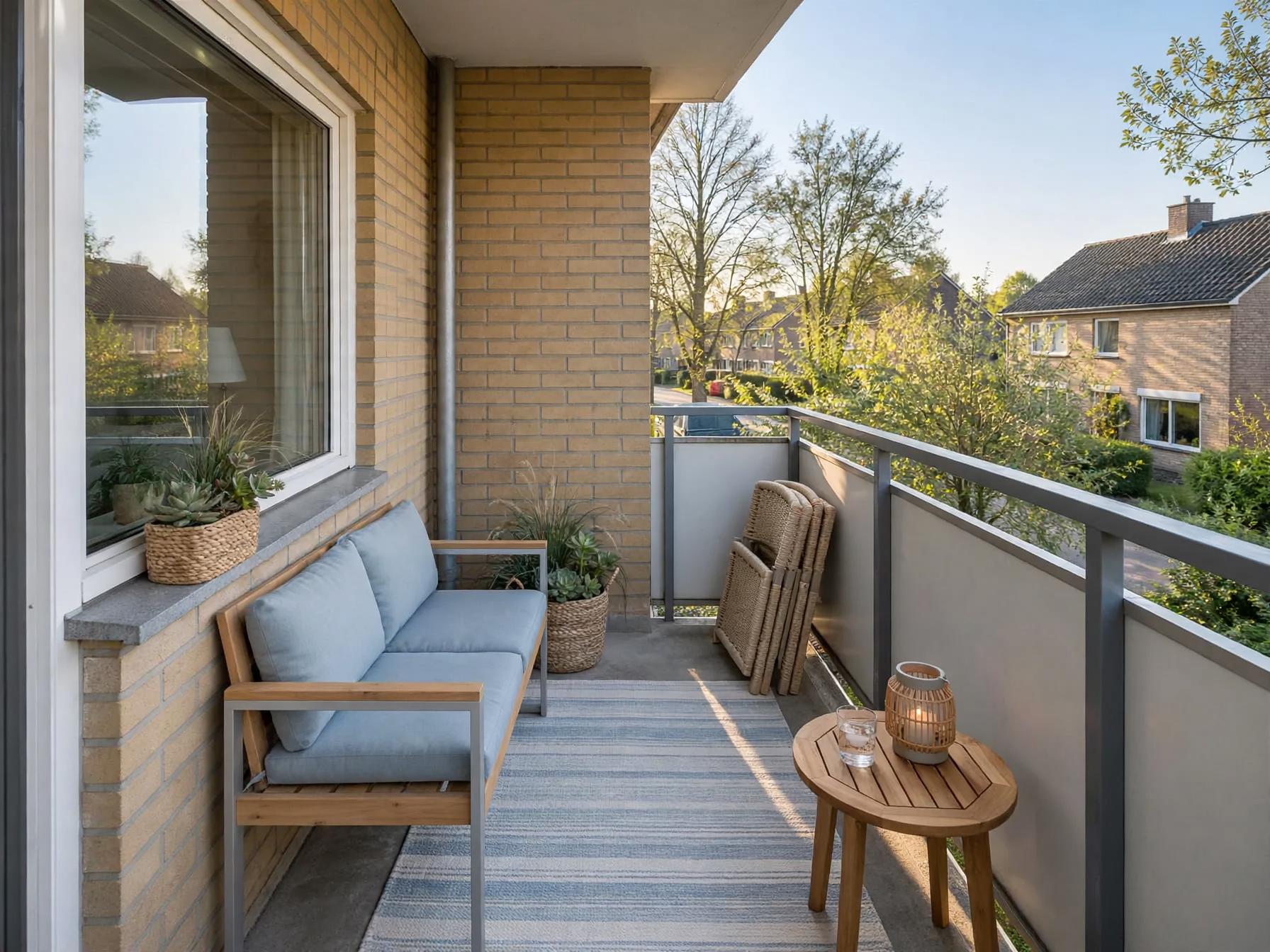 Coastal outdoor after AI exterior redesign by Renovaitor: Cozy coastal balcony with blue cushioned loveseat and striped rug