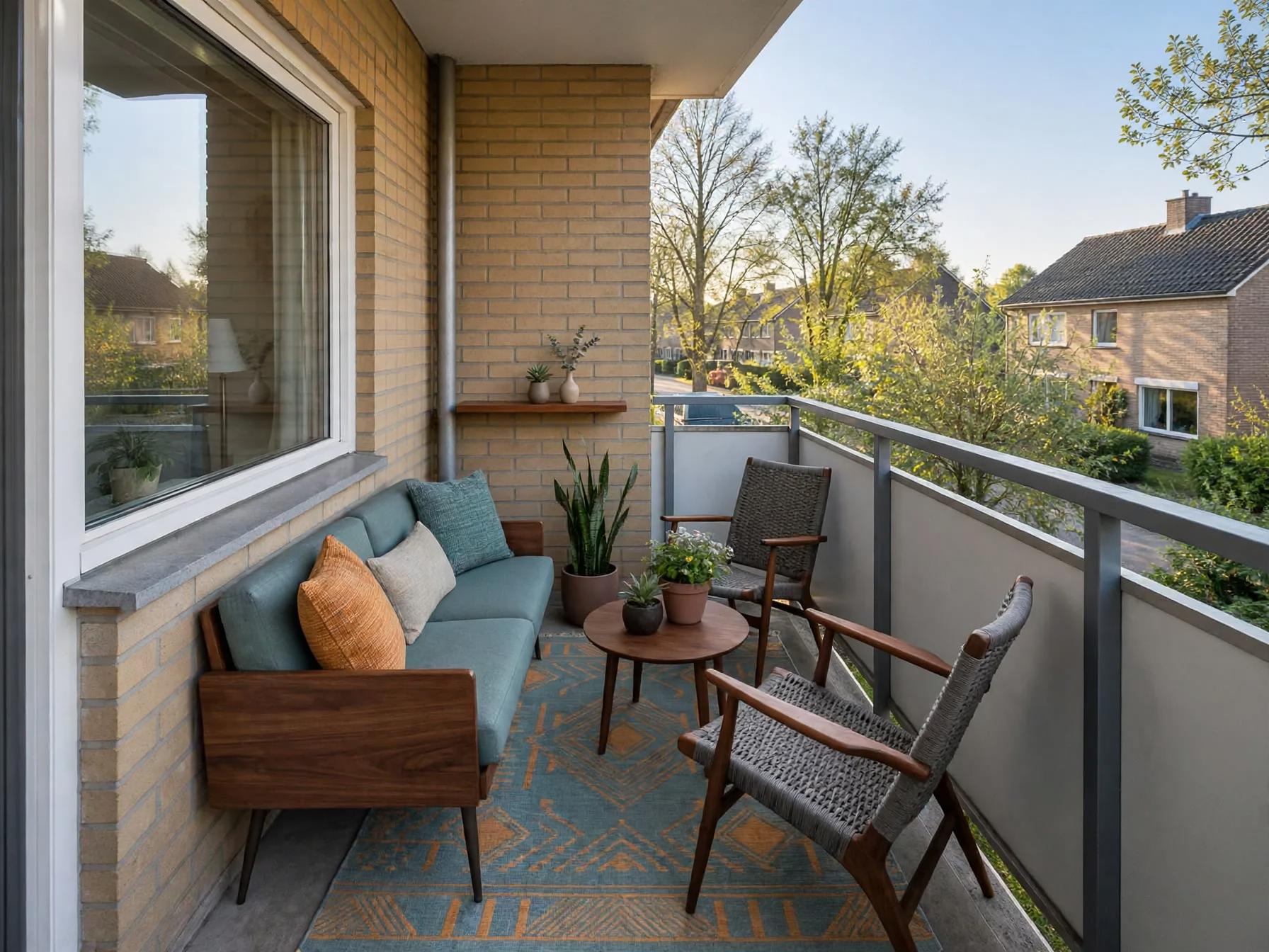 Mid century modern outdoor after AI exterior redesign by Renovaitor: Teal mid-century loveseat and woven chairs transform narrow balcony