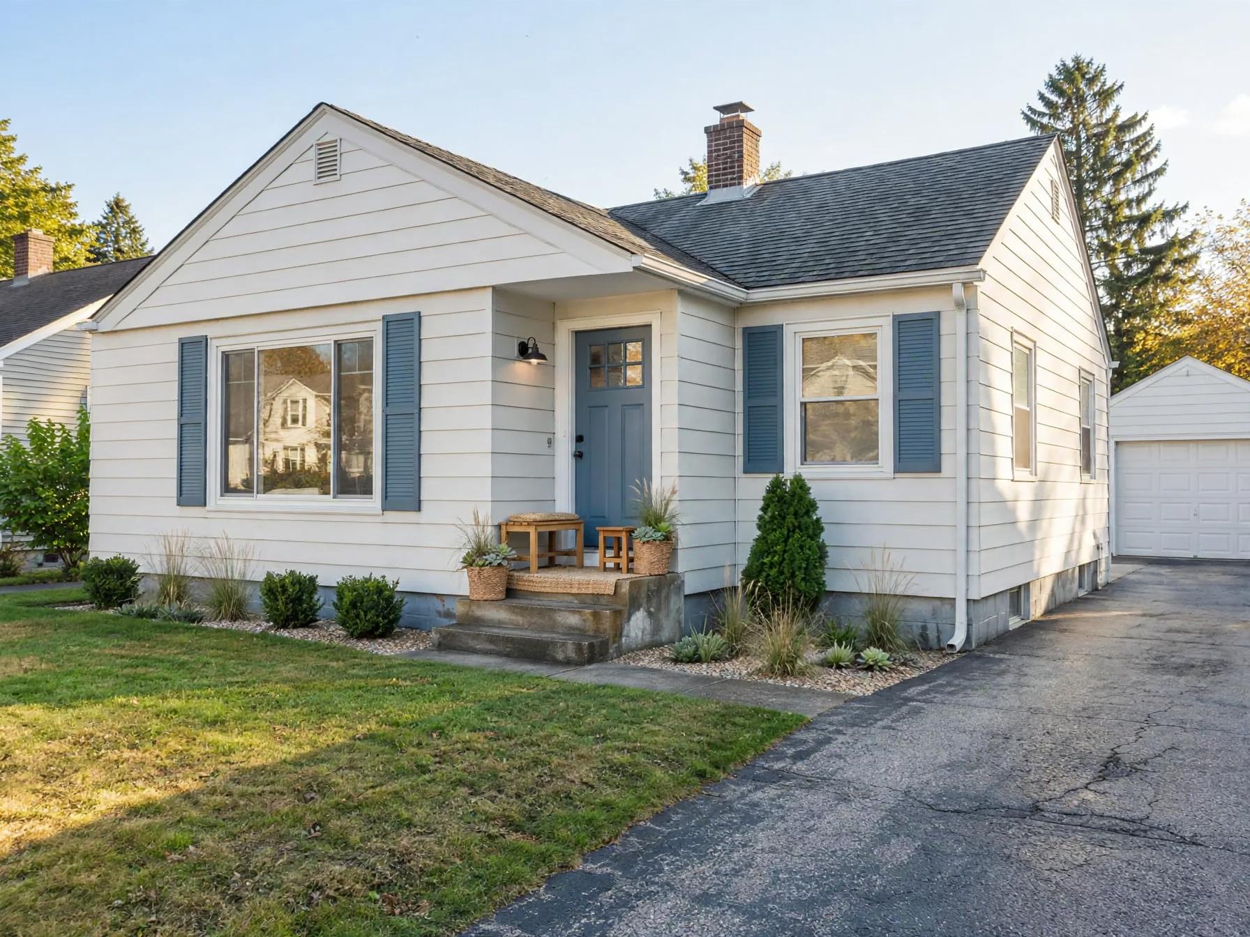 Coastal outdoor after AI exterior redesign by Renovaitor: Blue-shuttered coastal cottage entry with small planted porch