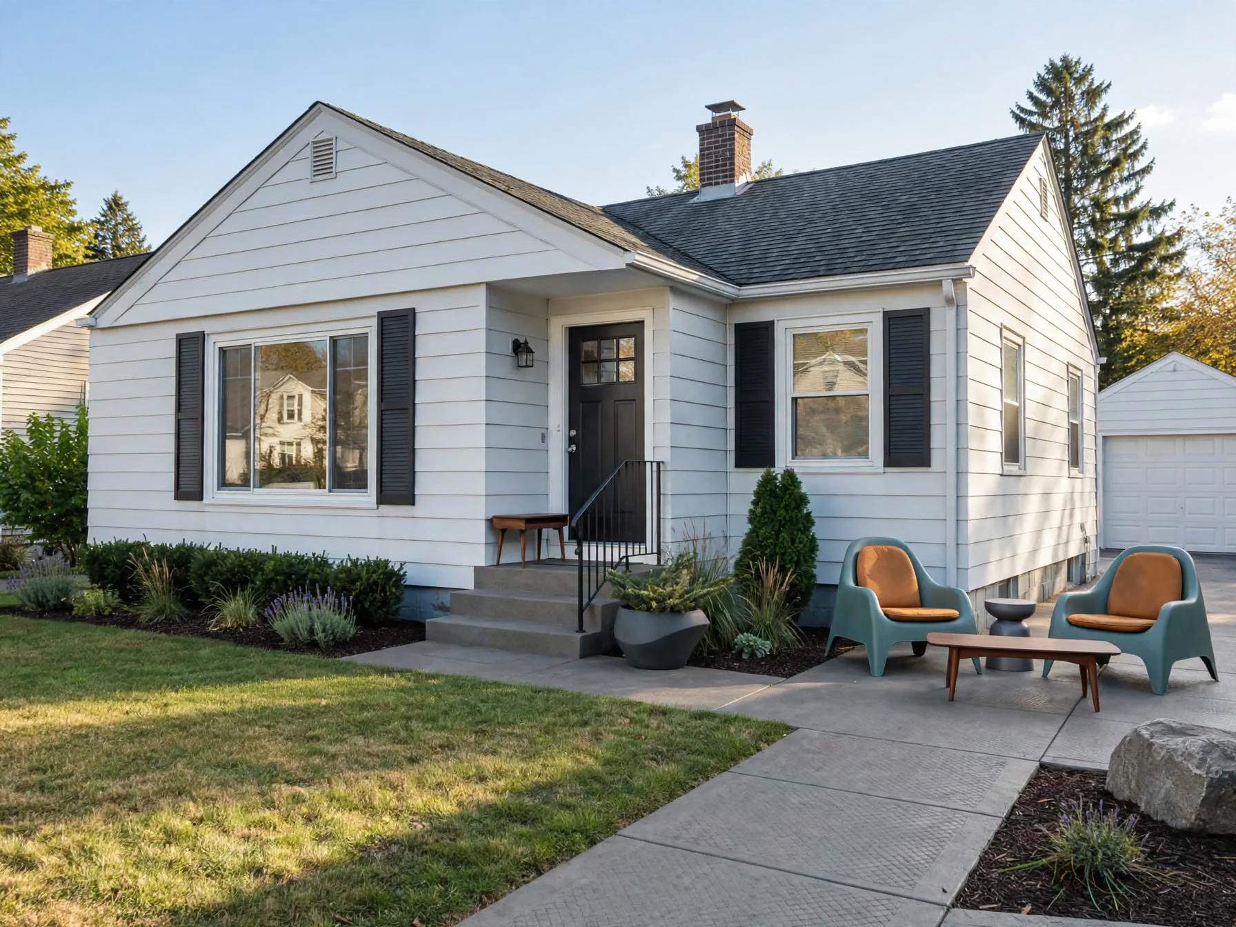 Mid century modern outdoor after AI exterior redesign by Renovaitor: Front porch seating and planted band brighten small mid‑century facade