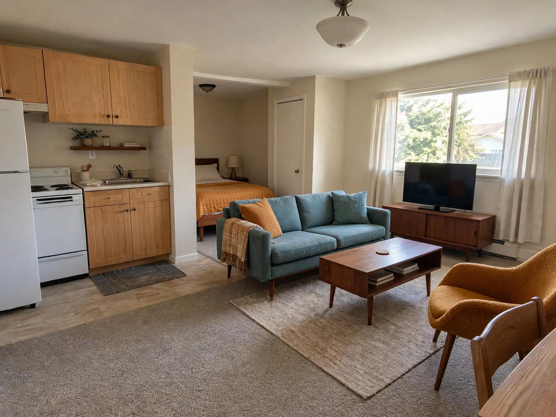 Mid century modern living room after AI restyle by Renovaitor: Teal sofa and mustard accent in compact mid-century studio living room