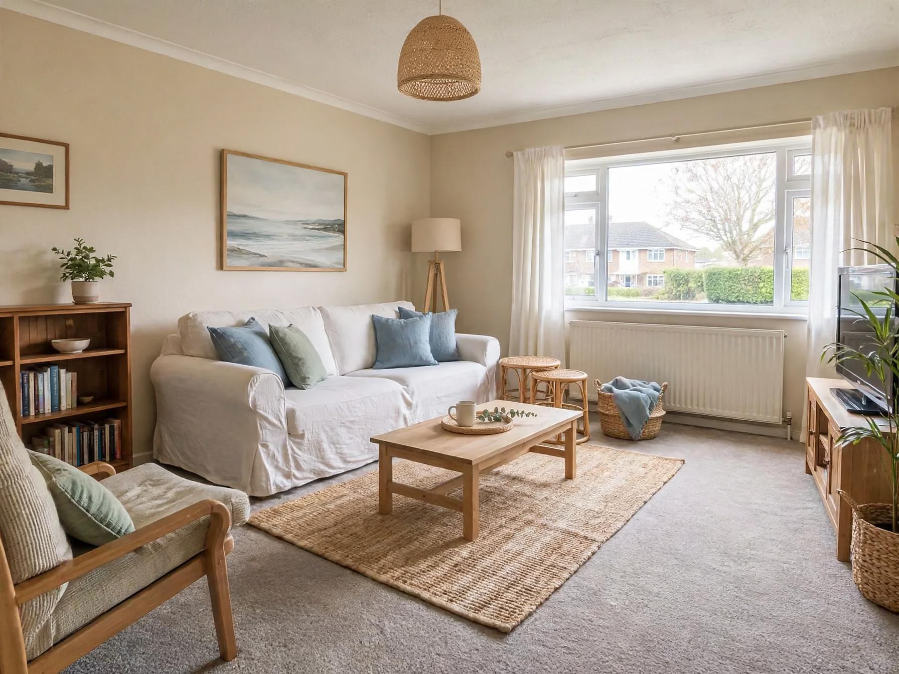 Coastal living room after AI restyle by Renovaitor: White slipcovered sofa with coastal art and jute rug in compact sitting room