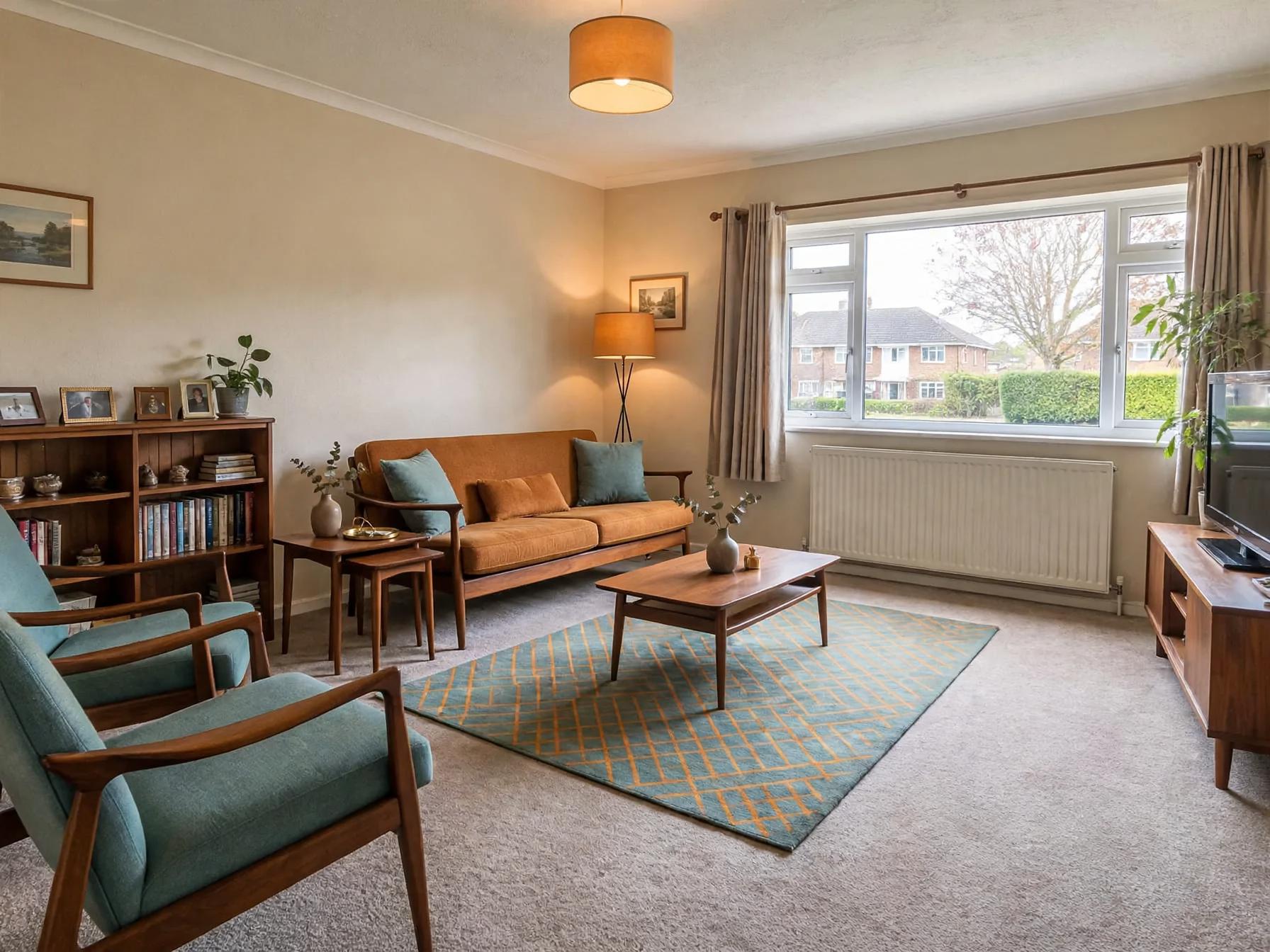 Mid-century-style seating with rust-colored couch, two teal armchairs, patterned rug, wooden coffee table and layered lighting by the front window