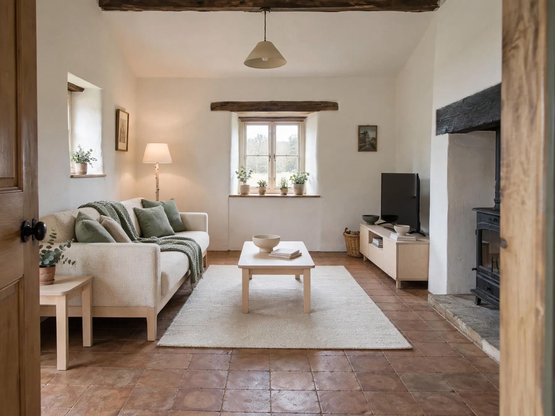 Scandinavian living room after AI restyle by Renovaitor: Exposed beam focal point in a bright Scandinavian cottage restyle