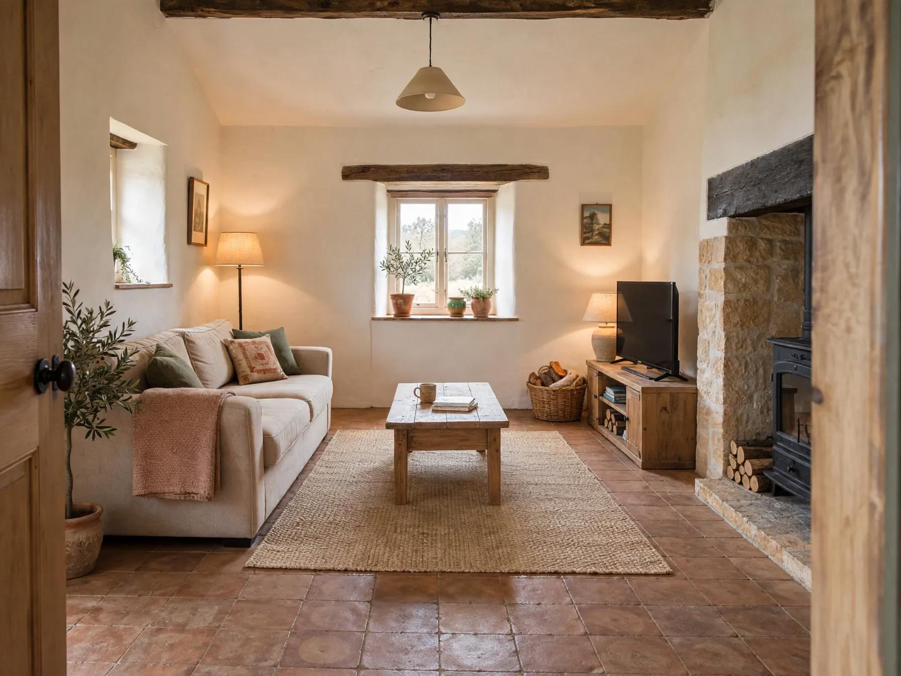 Mediterranean living room after AI restyle by Renovaitor: Window-focused Mediterranean cottage living room refresh