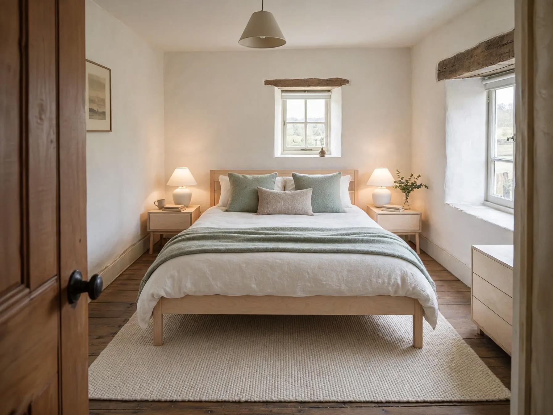 Scandinavian bedroom after AI restyle by Renovaitor: Small central window framed by exposed beam in cottage bedroom restyle
