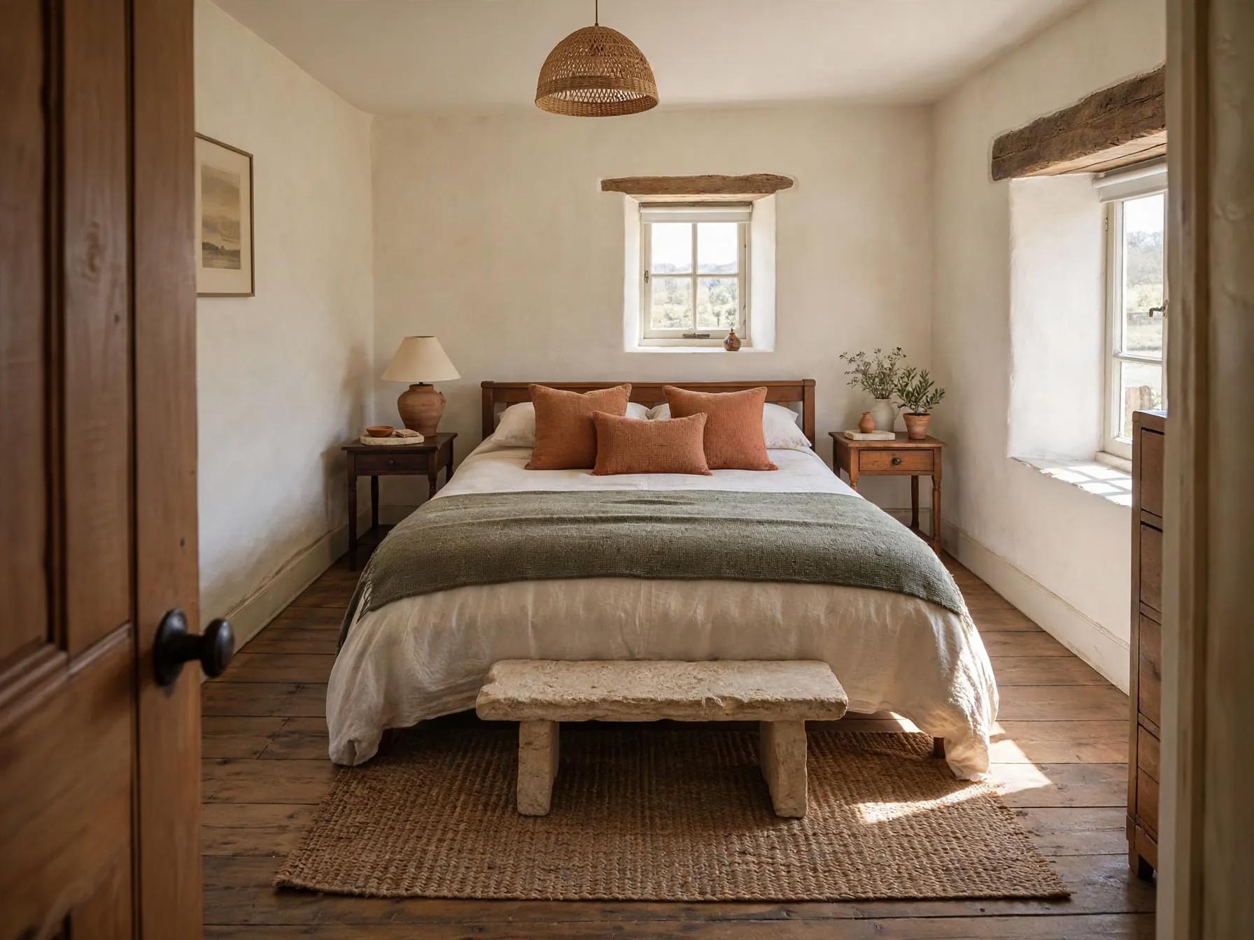 Mediterranean bedroom after AI restyle by Renovaitor: Stone bench at foot of bed anchors rustic Mediterranean bedroom