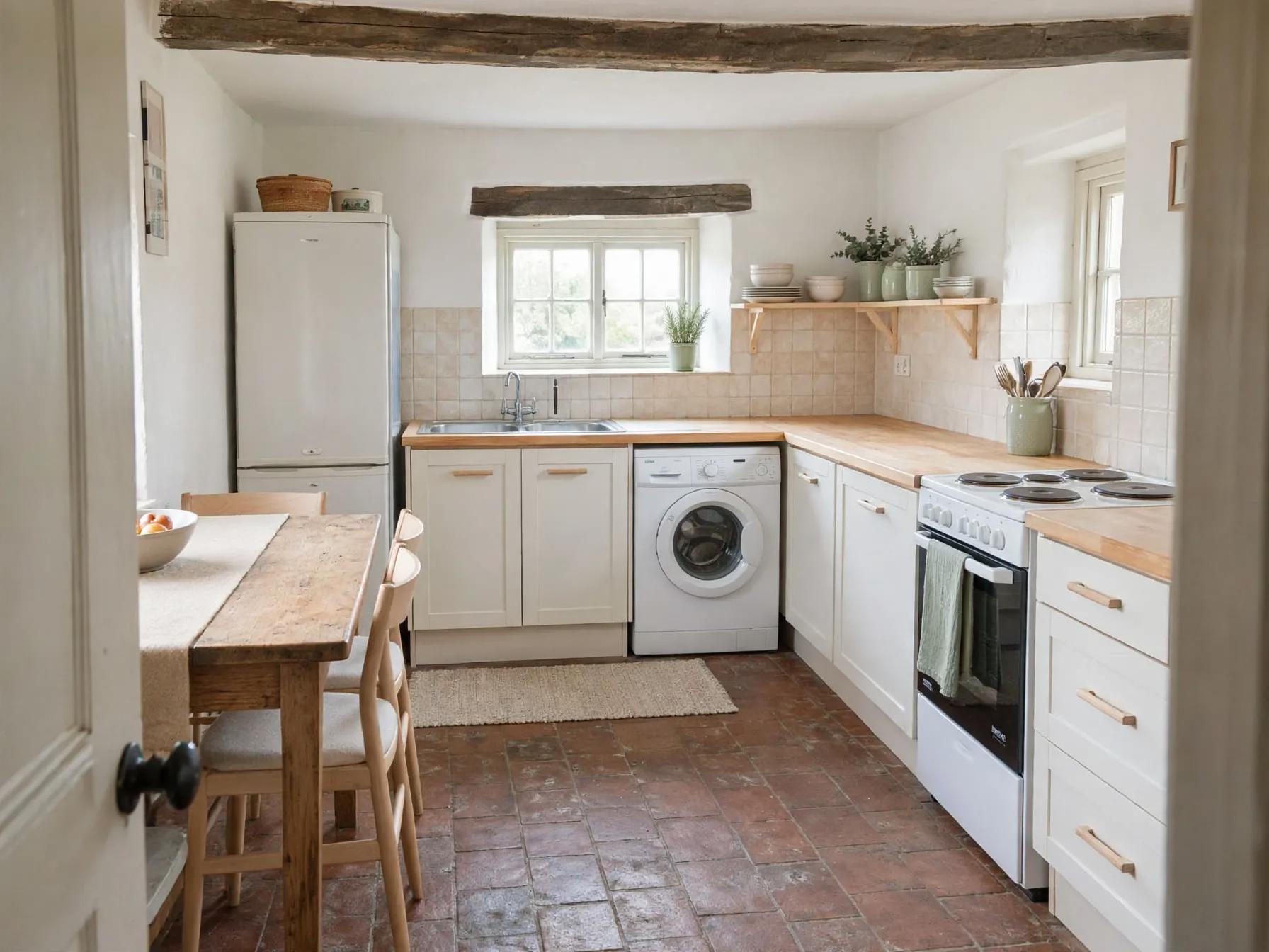 Same cottage kitchen restyled with shaker-style cabinet fronts, added open shelf with dishes and plants, light wood chairs, and a woven runner on the terracotta floor.