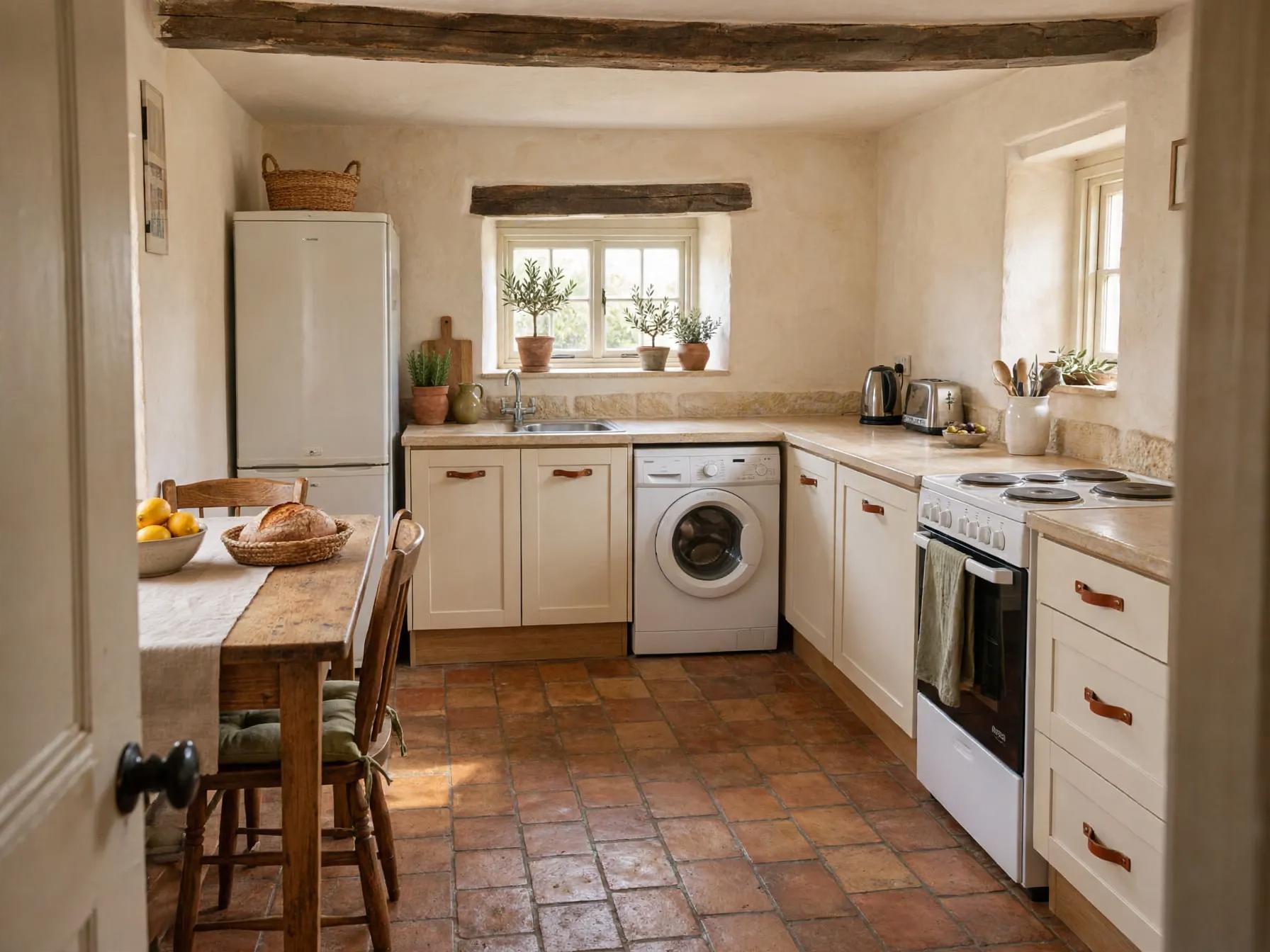Same kitchen with warmer plaster walls, shaker-style cabinet fronts, leather strap pulls, potted plants and table styling