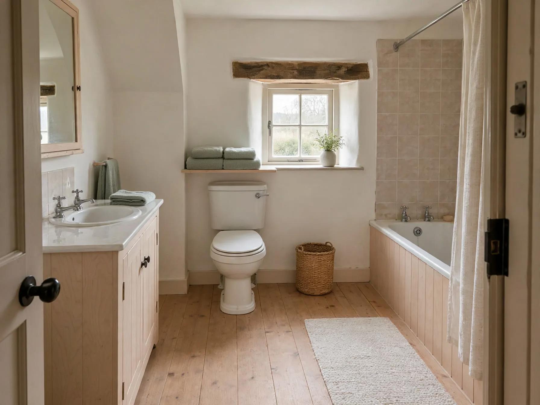 Scandinavian bathroom after AI restyle by Renovaitor: Light oak accents and a window towel shelf in a cottage bathroom