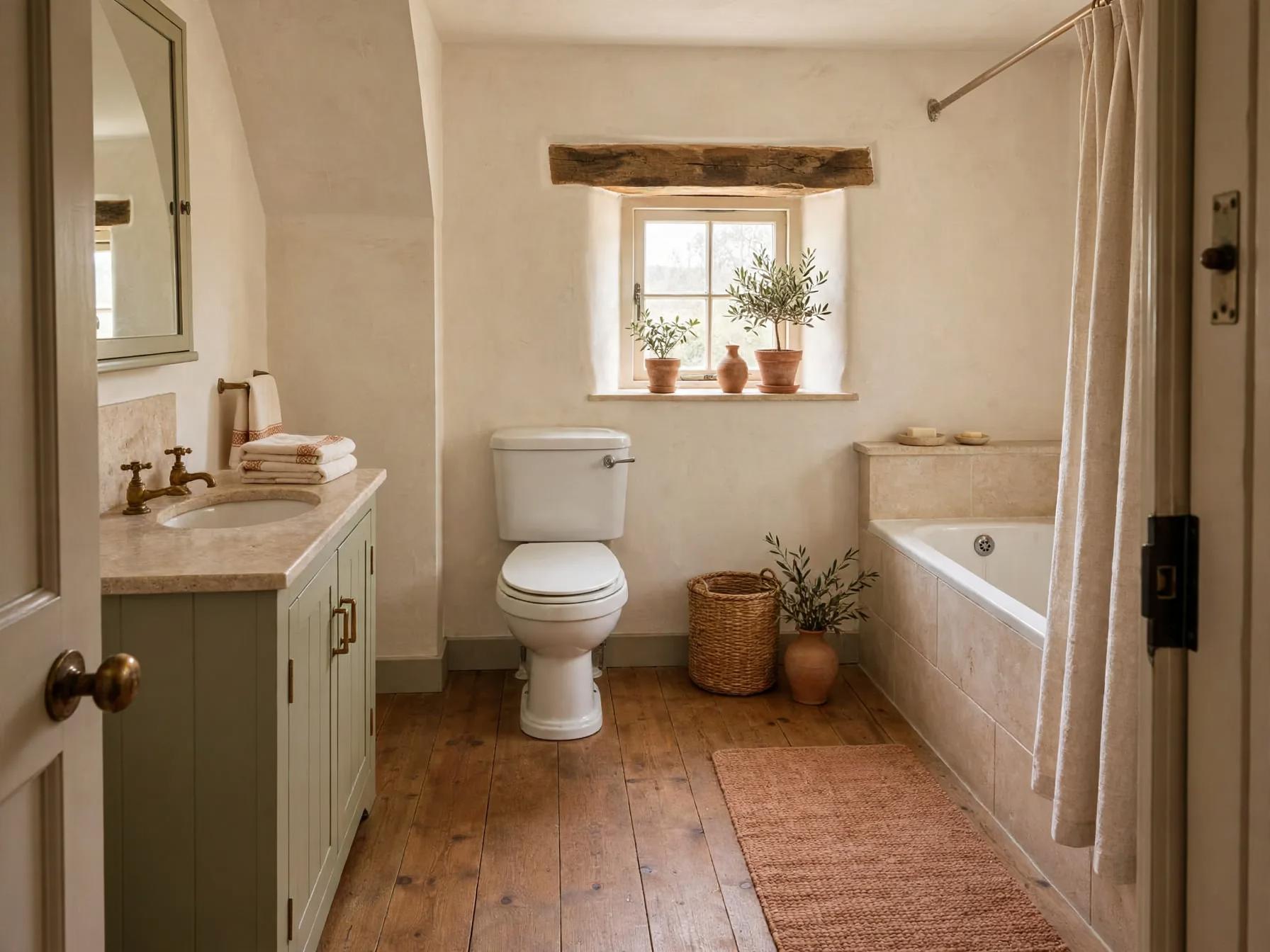 Mediterranean bathroom after AI restyle by Renovaitor: Sunlit cottage window with terracotta accents and brass fittings