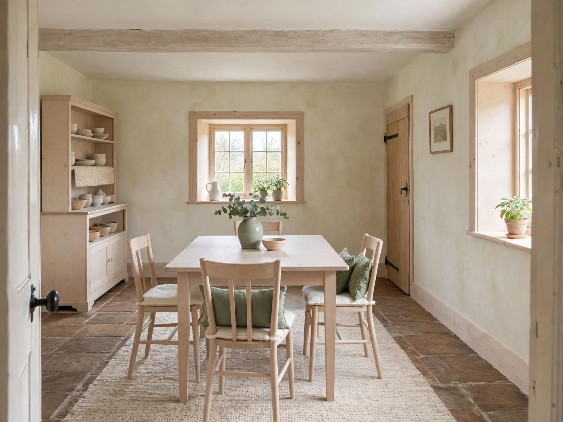 Scandinavian dining room after AI restyle by Renovaitor: Pale plaster walls and light oak table in cottage dining refresh