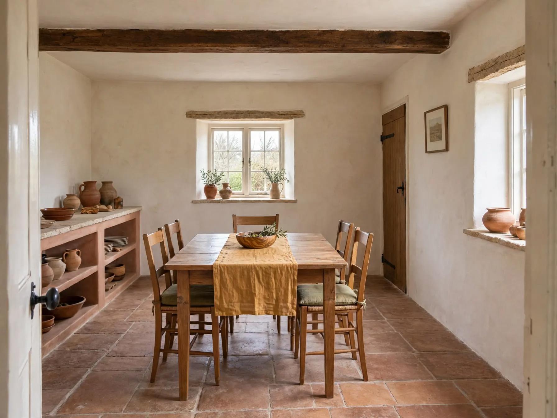 Mediterranean dining room after AI restyle by Renovaitor: Exposed beam and terracotta floor dining refresh with built-in shelving