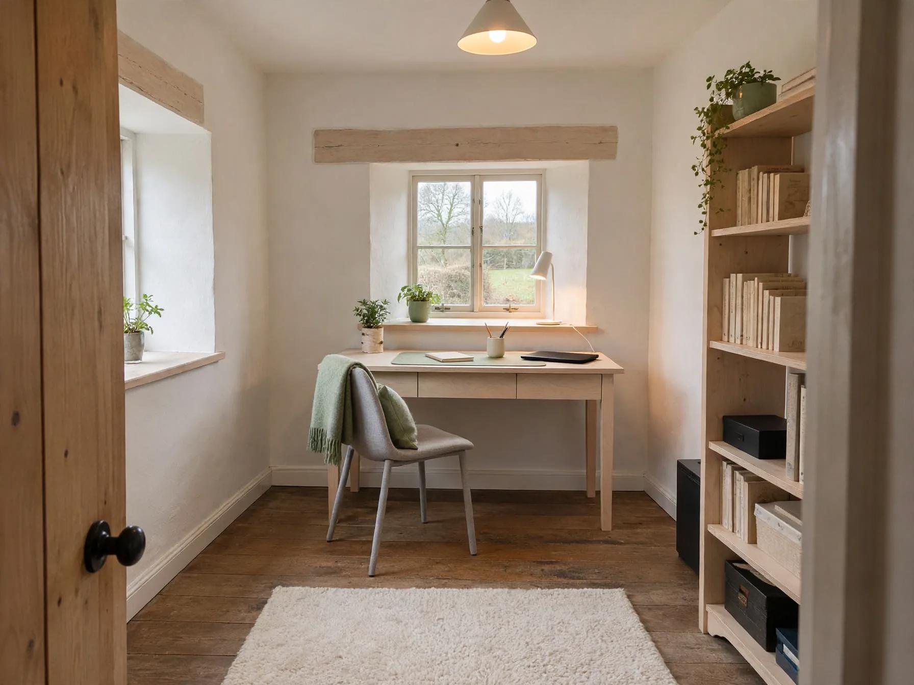 Scandinavian home office after AI restyle by Renovaitor: Repainted beam and soft textiles brighten the cottage office