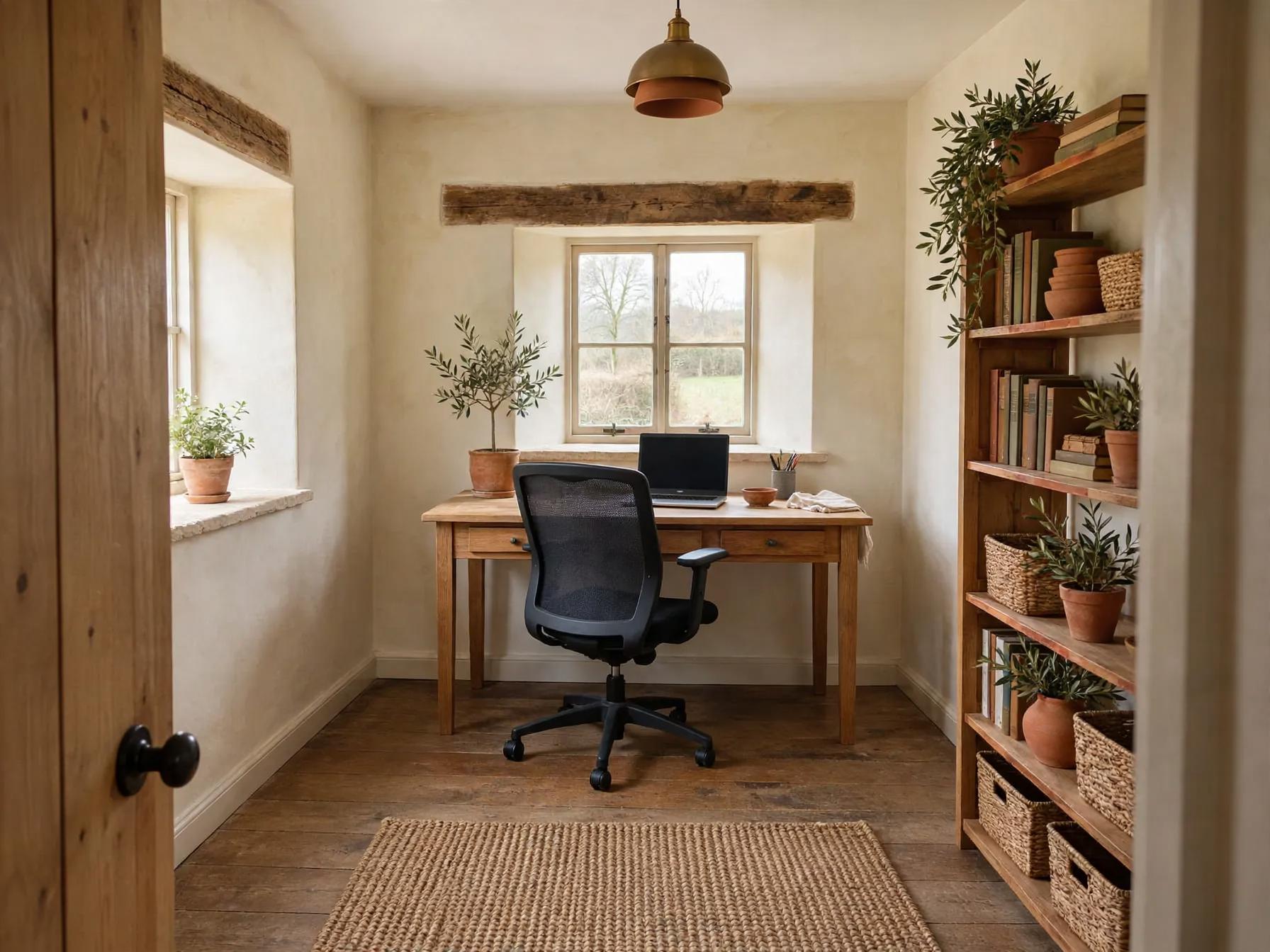 Same cottage office with warmer plaster walls, brass pendant light, terracotta pots and more plants on desk and shelves