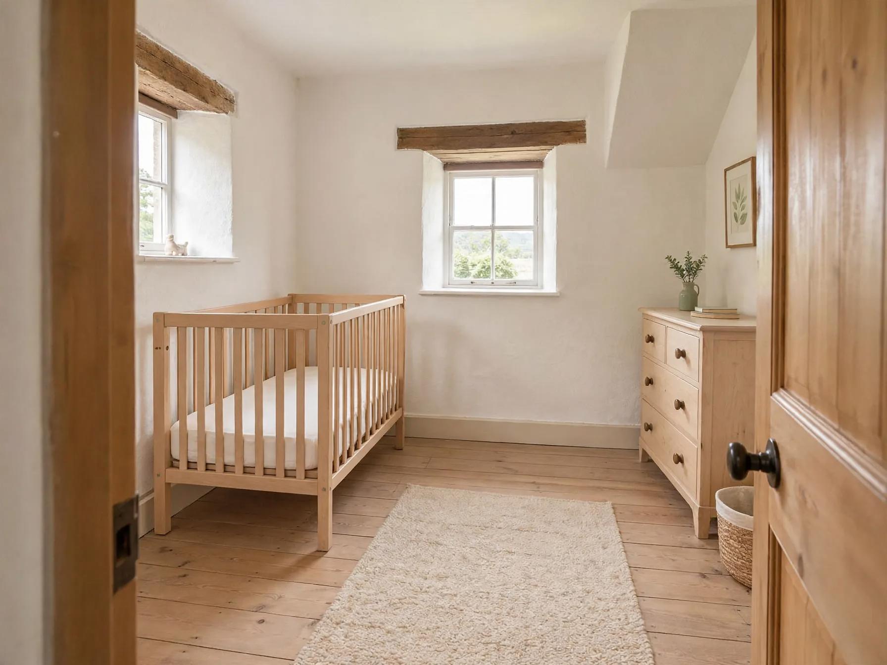 Same nursery with lighter shag rug, paler wood dresser, woven basket at dresser base, small vase of greenery and preserved central mullioned window.