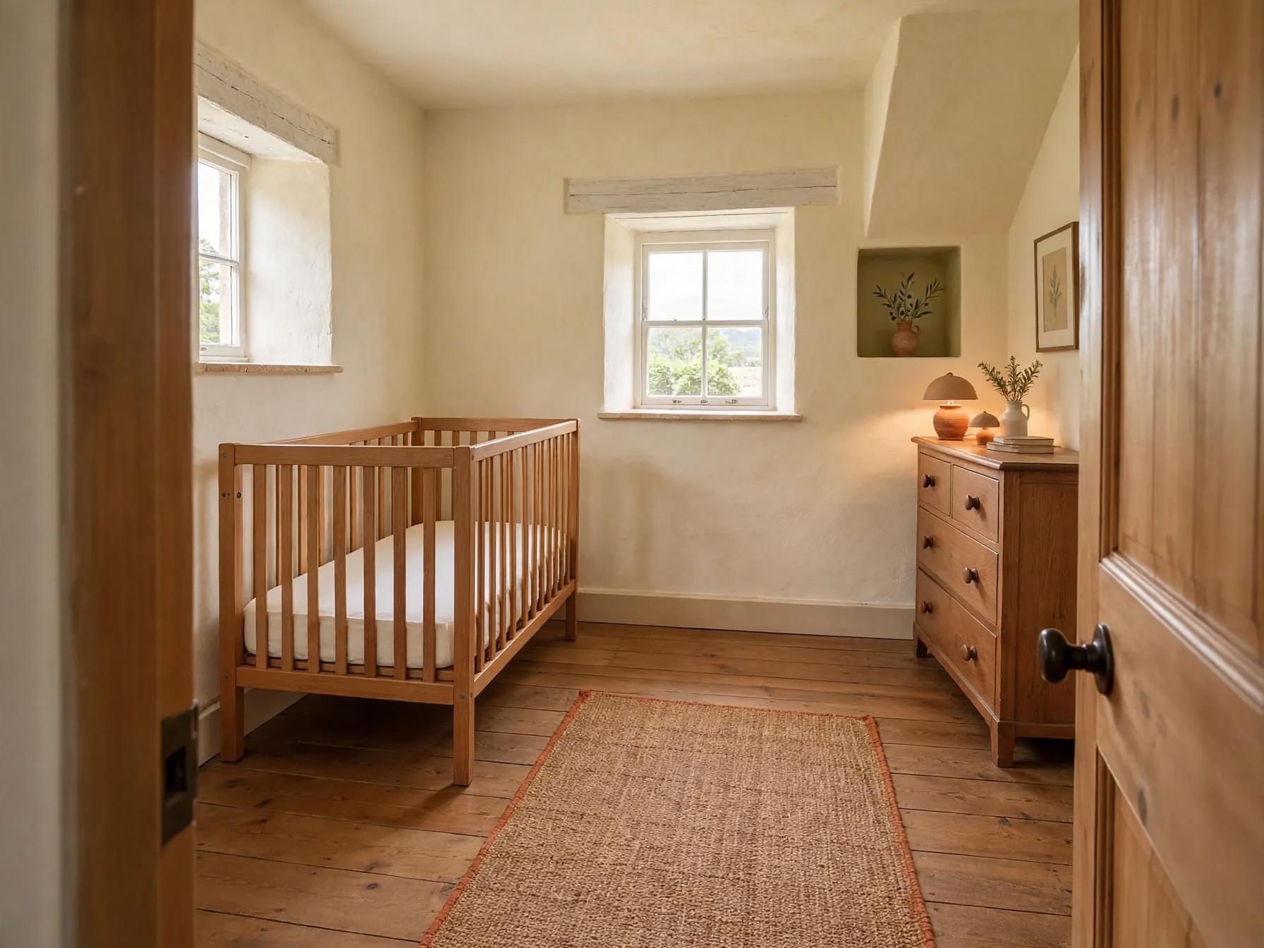 Mediterranean nursery after AI restyle by Renovaitor: Windowed rustic nursery with inset niche and warm ochre walls