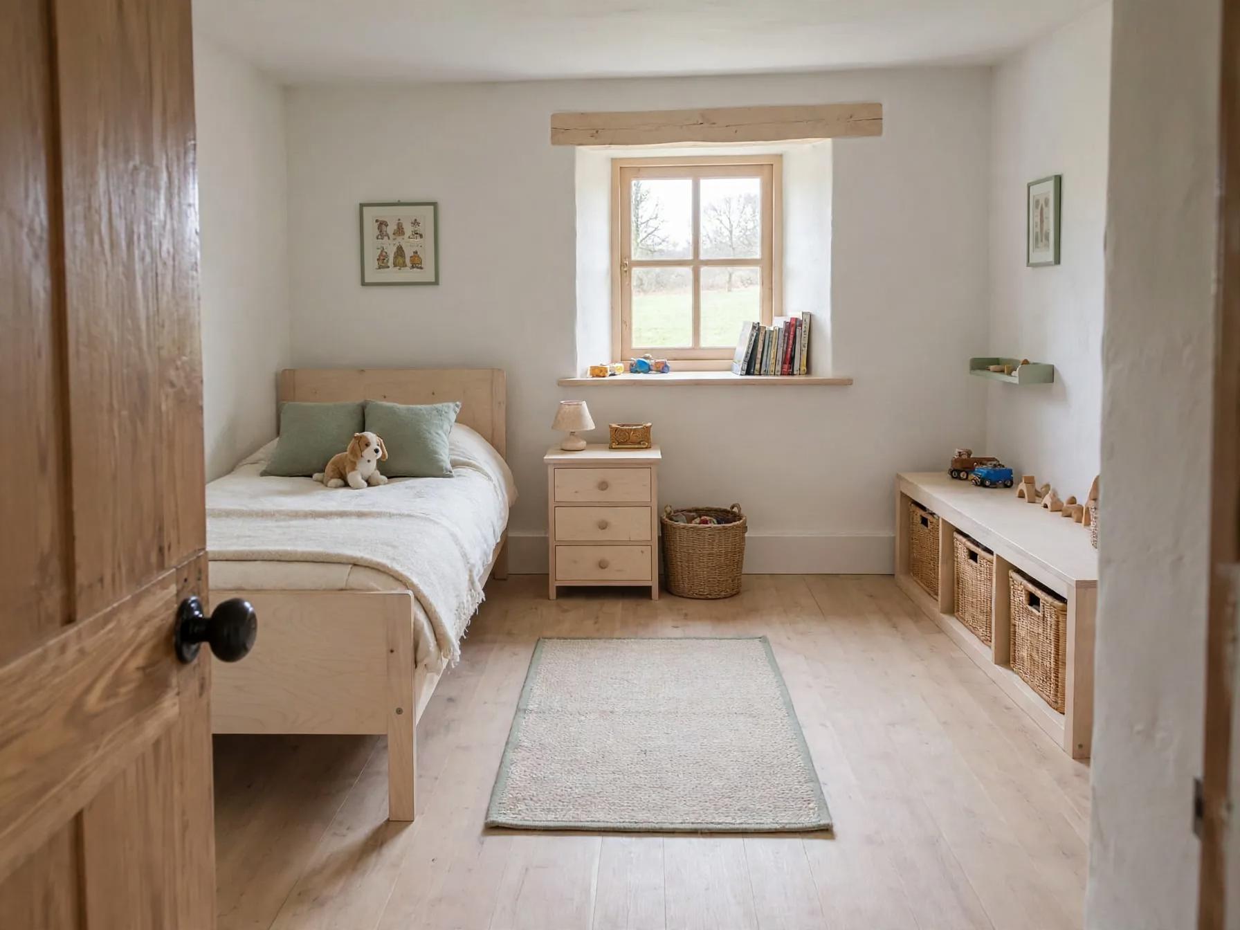 Scandinavian kids room after AI restyle by Renovaitor: Exposed-beam window anchors a light Scandinavian kids room