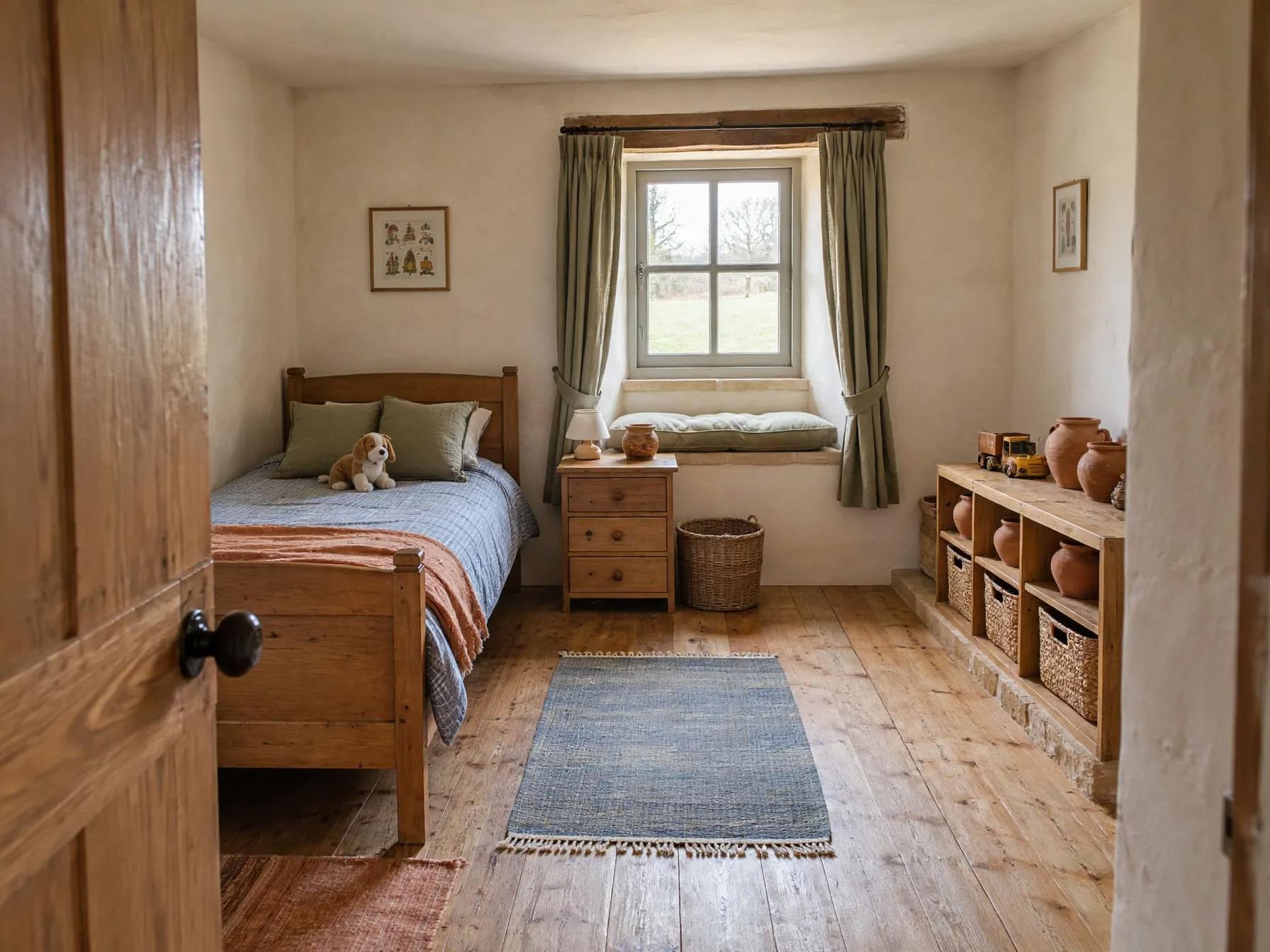 Mediterranean kids room after AI restyle by Renovaitor: Window seat with rustic beam anchors a Mediterranean kids-room restyle