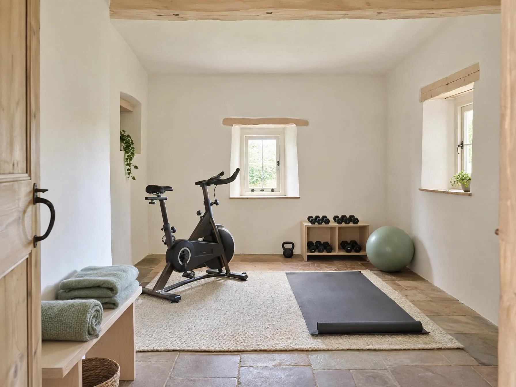 Scandinavian home gym after AI restyle by Renovaitor: Soft green accents and light wood bring calm to the home gym