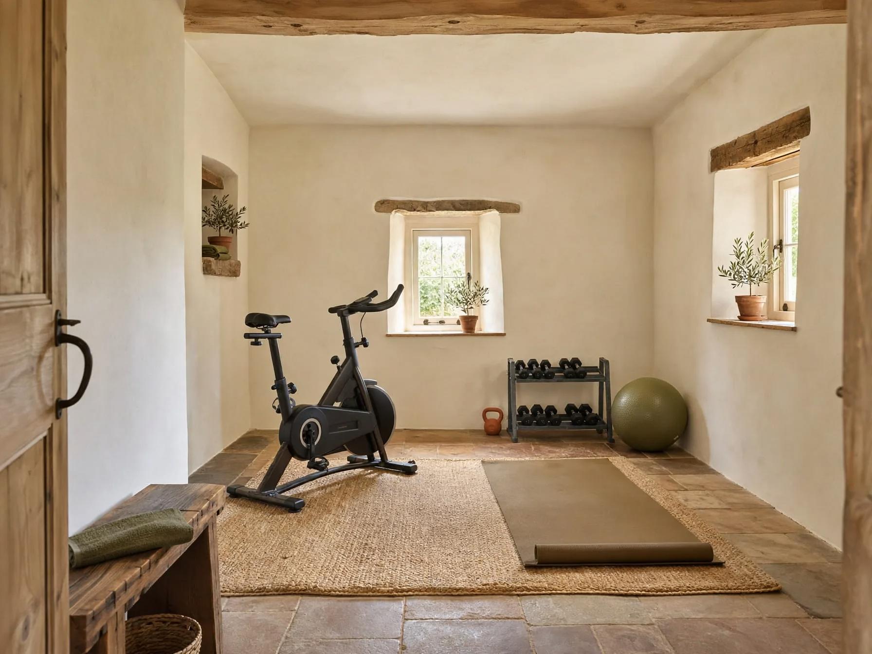 Mediterranean home gym after AI restyle by Renovaitor: Central mullioned window anchors a rustic gym corner