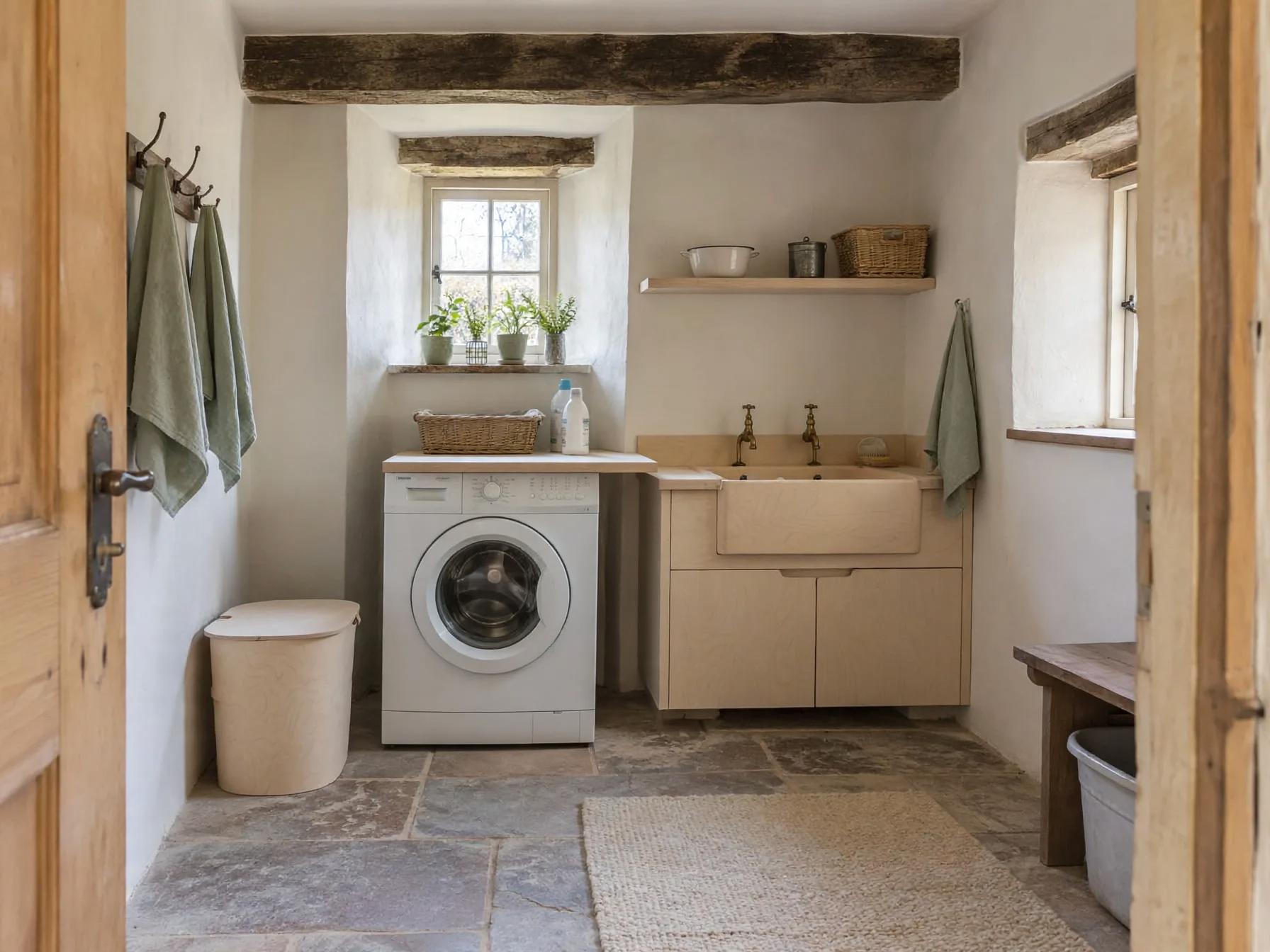 Scandinavian laundry room after AI restyle by Renovaitor: Plaster-walled laundry with exposed beam and farmhouse sink update