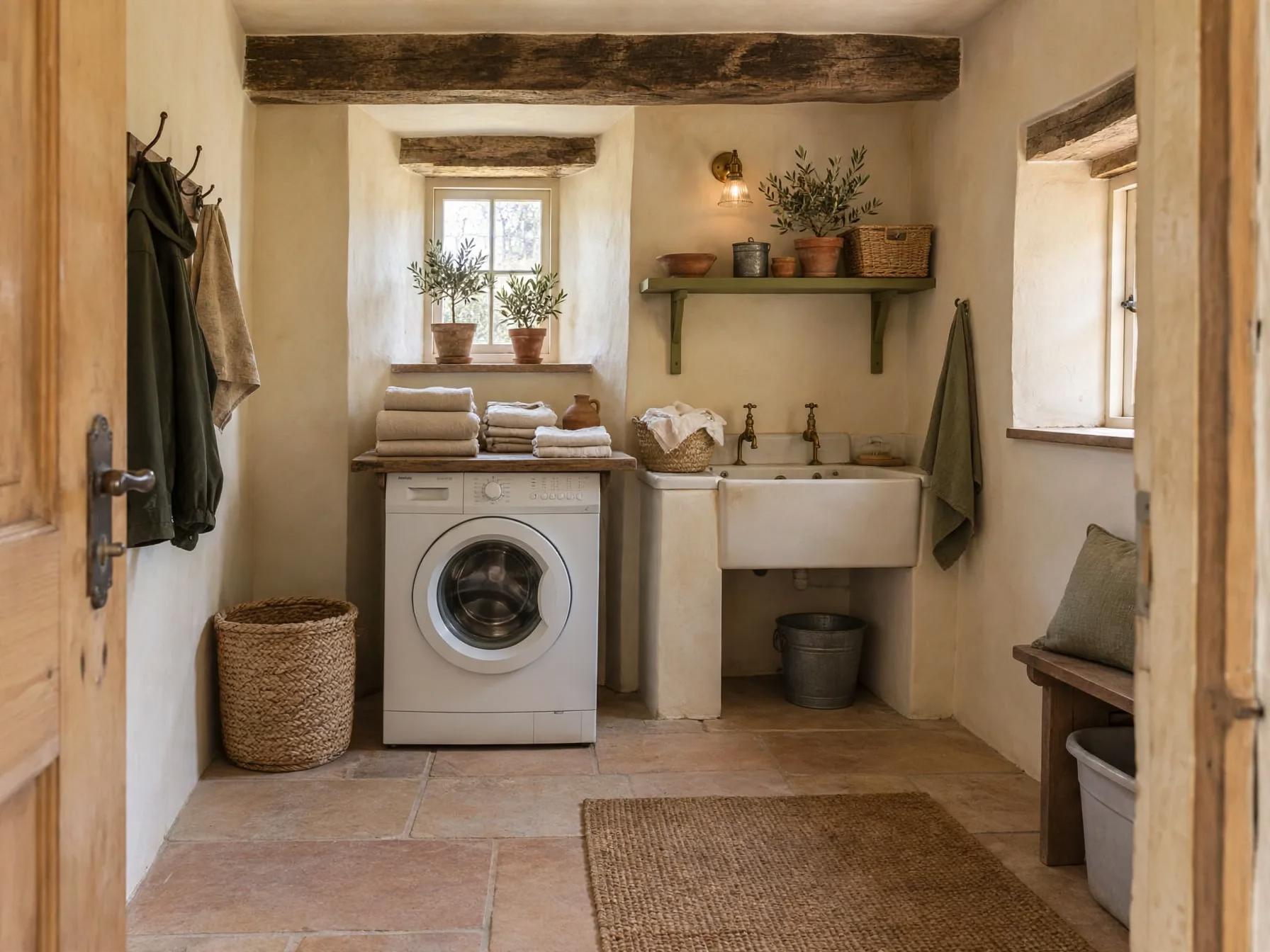 Mediterranean laundry room after AI restyle by Renovaitor: Exposed oak beam and stone floor laundry refresh with green accents