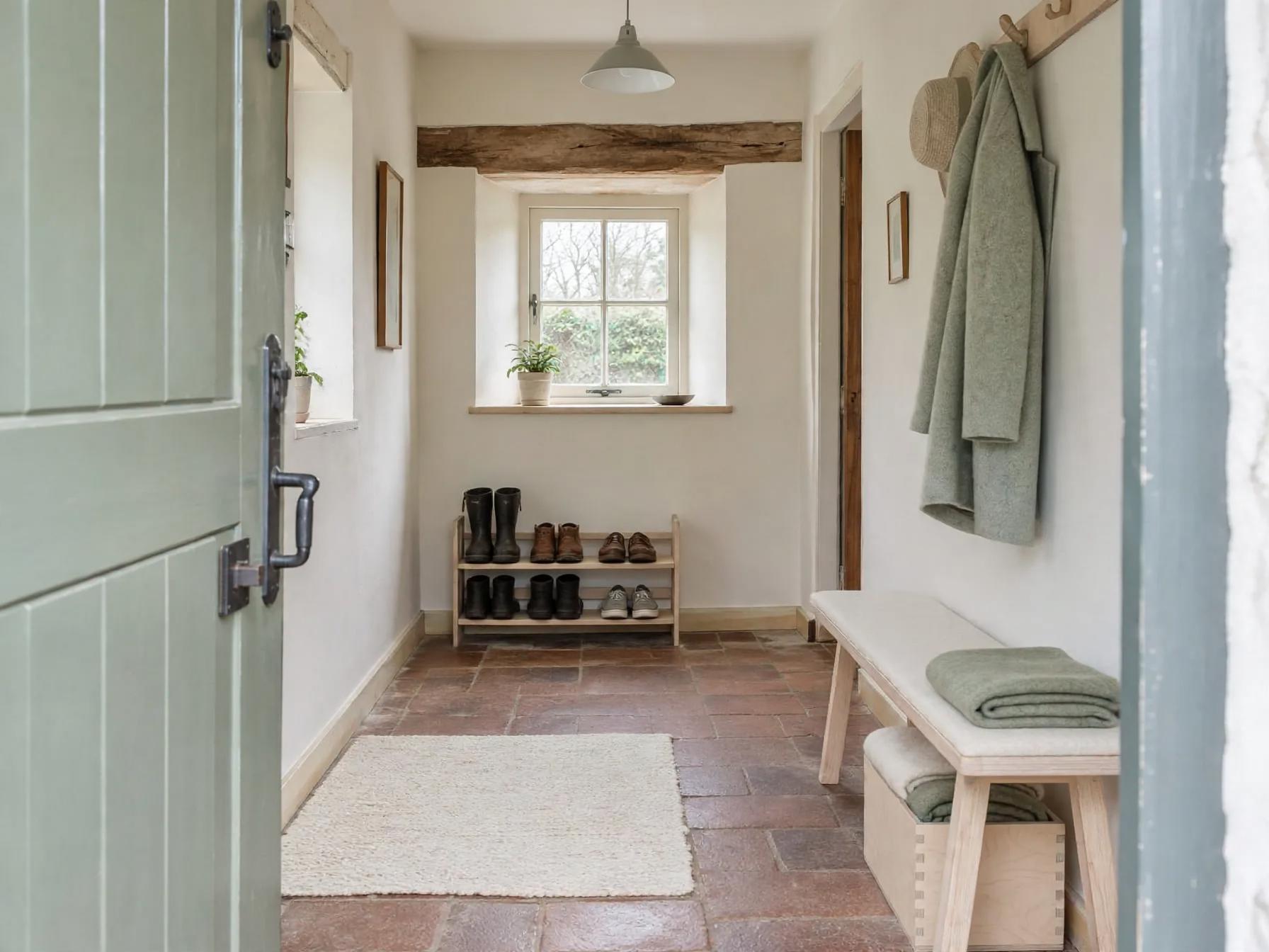 Same entryway with lighter upholstered bench seat, pale off-white rug, folded sage throws on bench and same shoe rack and exposed beam