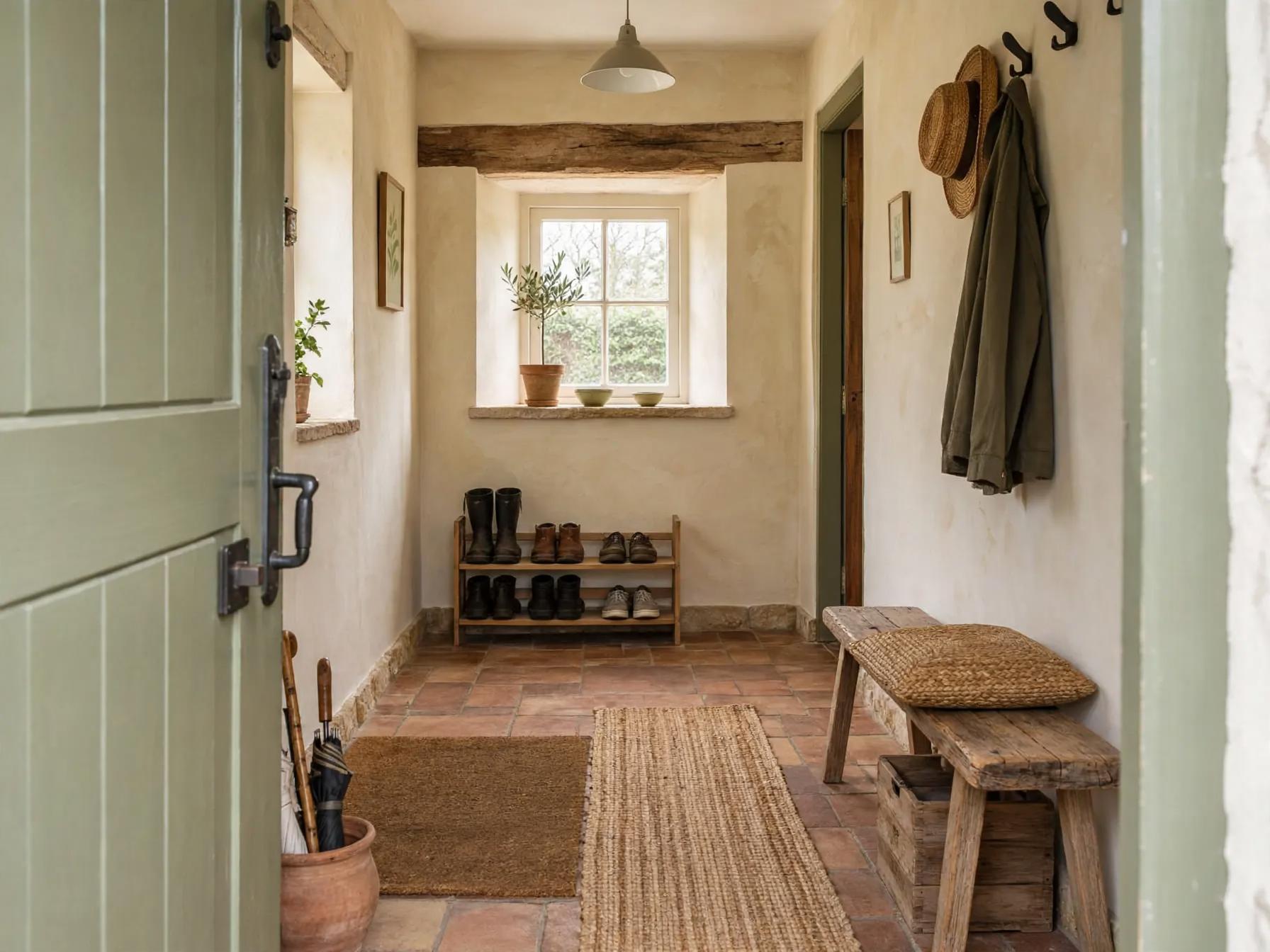 Mediterranean entryway after AI restyle by Renovaitor: Sunlit Mediterranean entryway with green cottage door and rustic bench