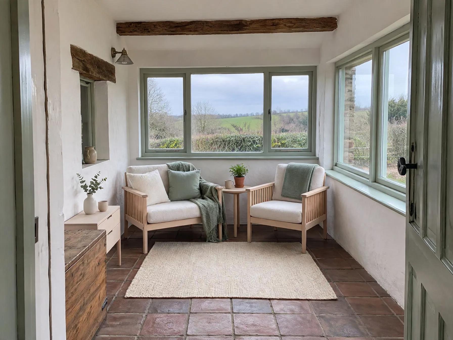 Scandinavian sunroom after AI restyle by Renovaitor: Sage-framed sunroom swapped to paired oak armchairs and soft textiles