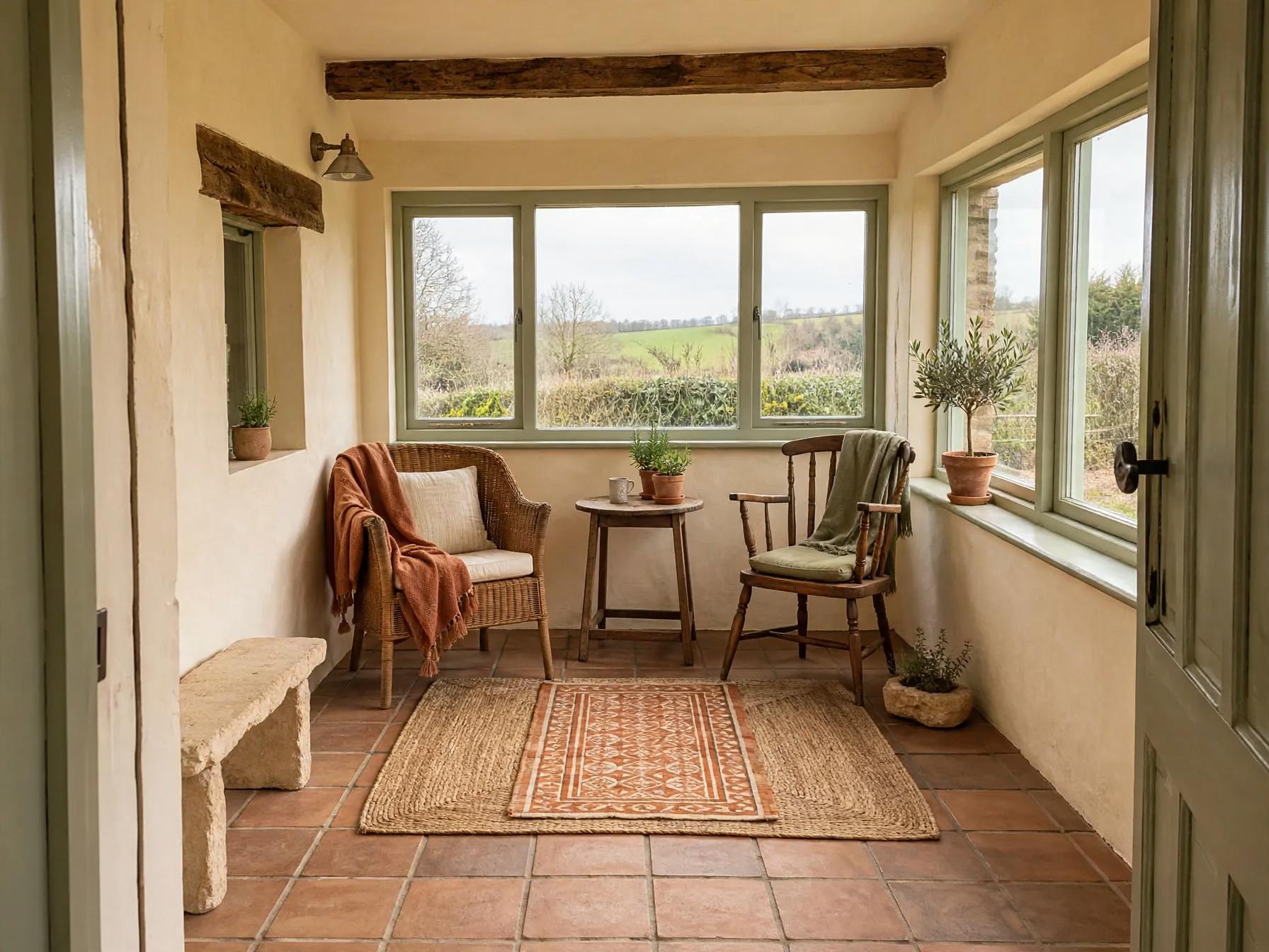 Mediterranean sunroom after AI restyle by Renovaitor: Layered terracotta rugs and potted olive enliven the sunroom