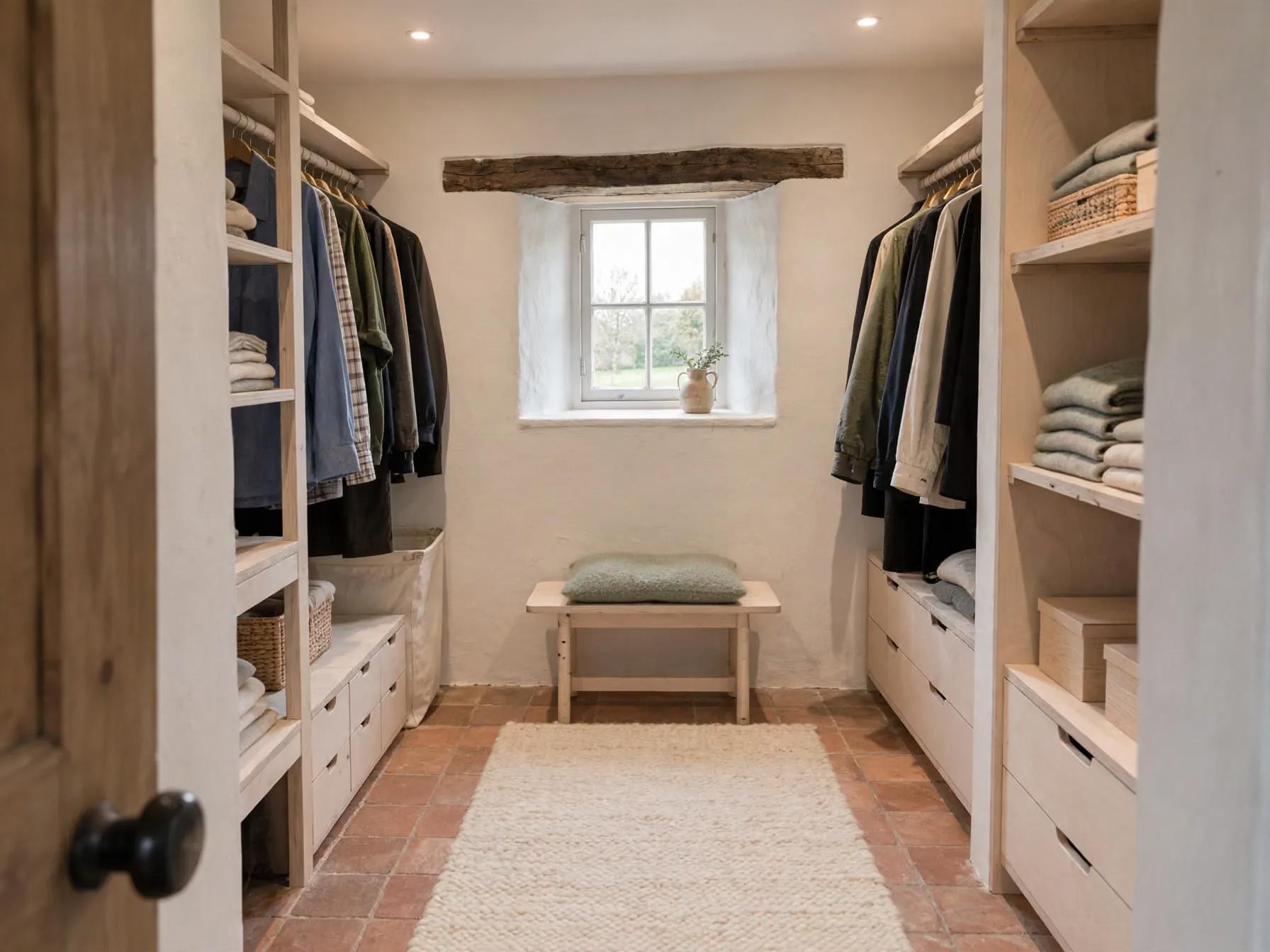 Scandinavian walk in closet after AI restyle by Renovaitor: Centered window with rustic beam and built-in bench in walk-in closet