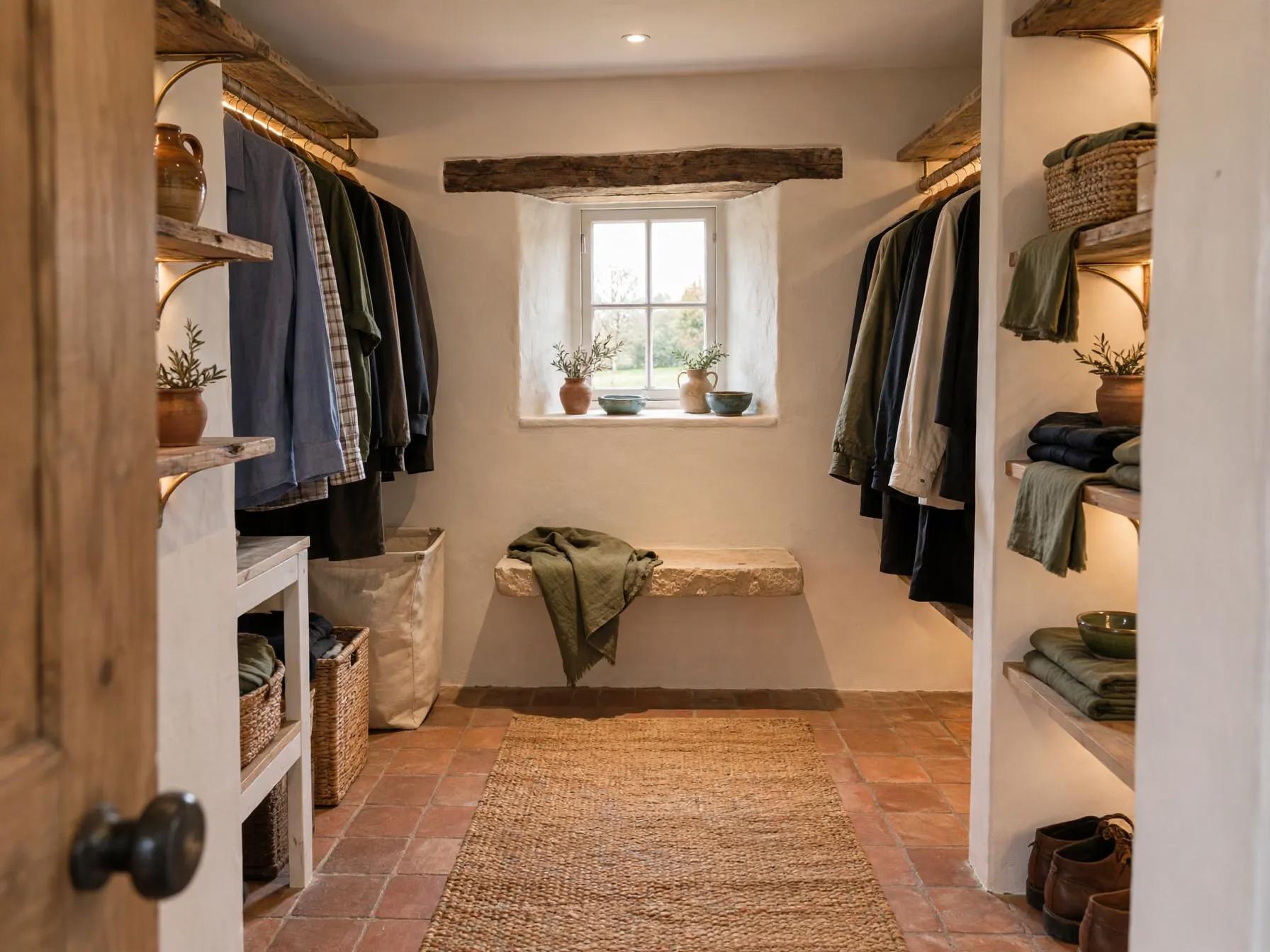 Mediterranean walk in closet after AI restyle by Renovaitor: Stone bench and warm shelf lighting accent a Mediterranean walk-in