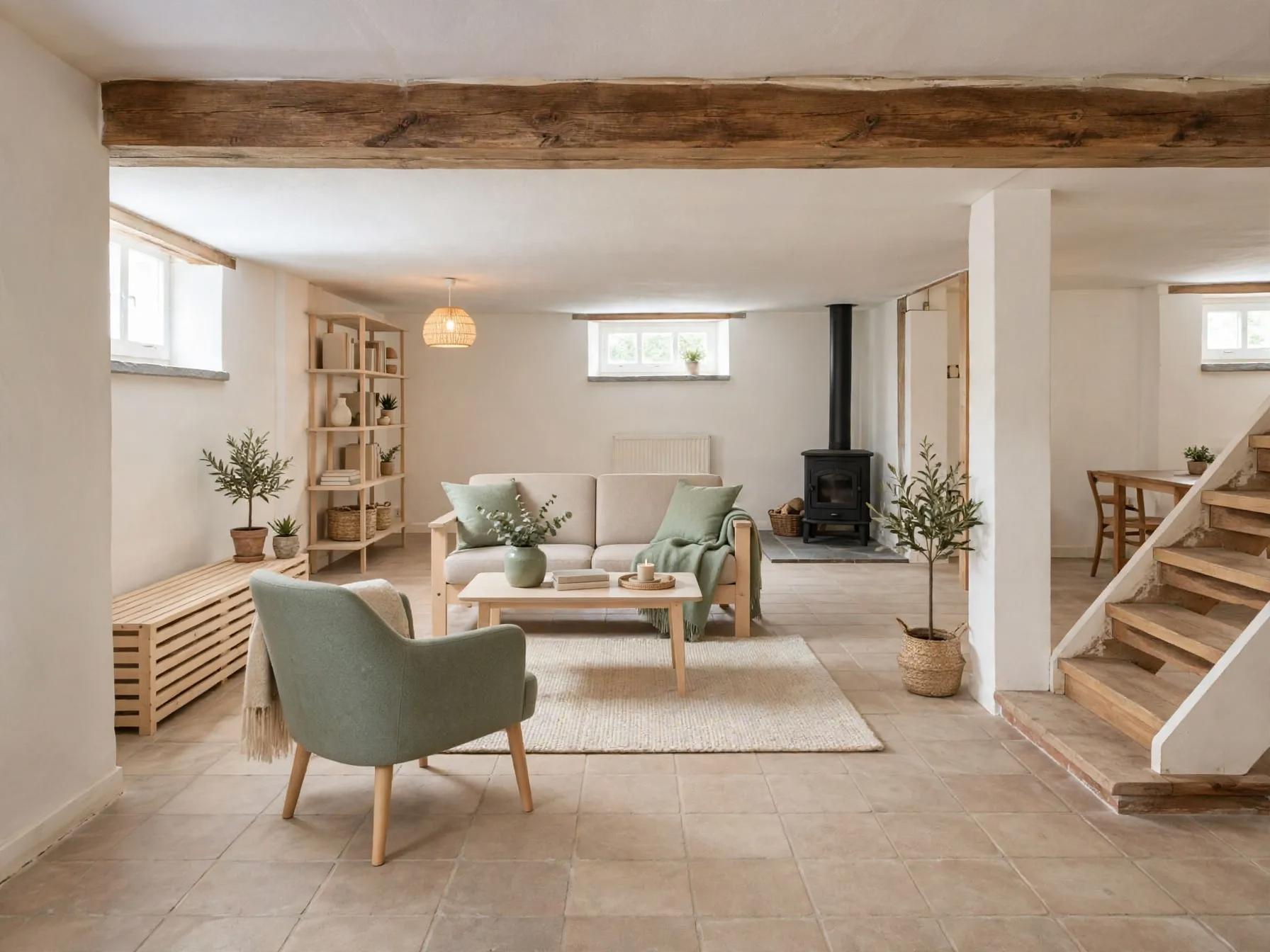 Restyled basement seating area with pale-green armchair, neutral sofa, coffee table, open shelving, pendant light and plants