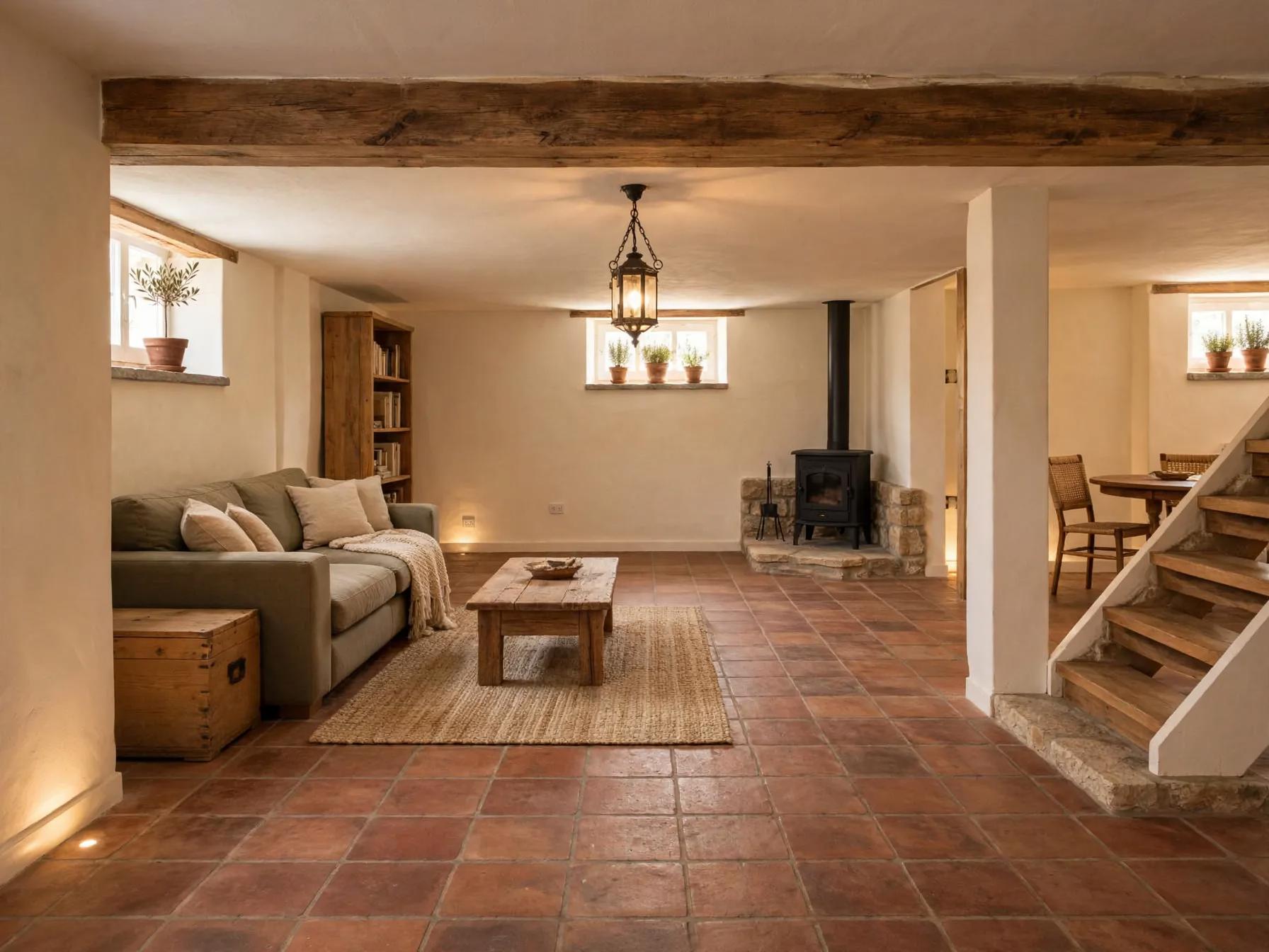 Mediterranean basement after AI restyle by Renovaitor: Exposed oak beam and wood-stove basement living area