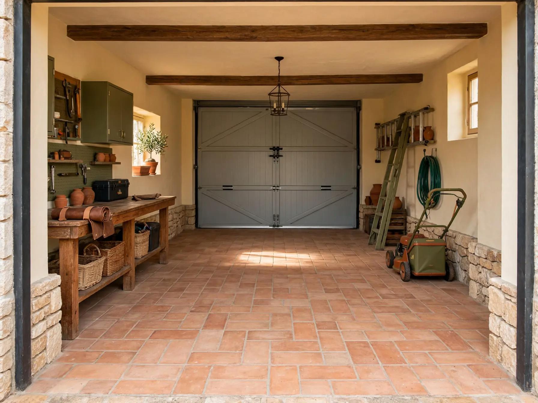 Mediterranean garage after AI restyle by Renovaitor: Exposed Wooden Beams and Terracotta Floor Garage Restyle