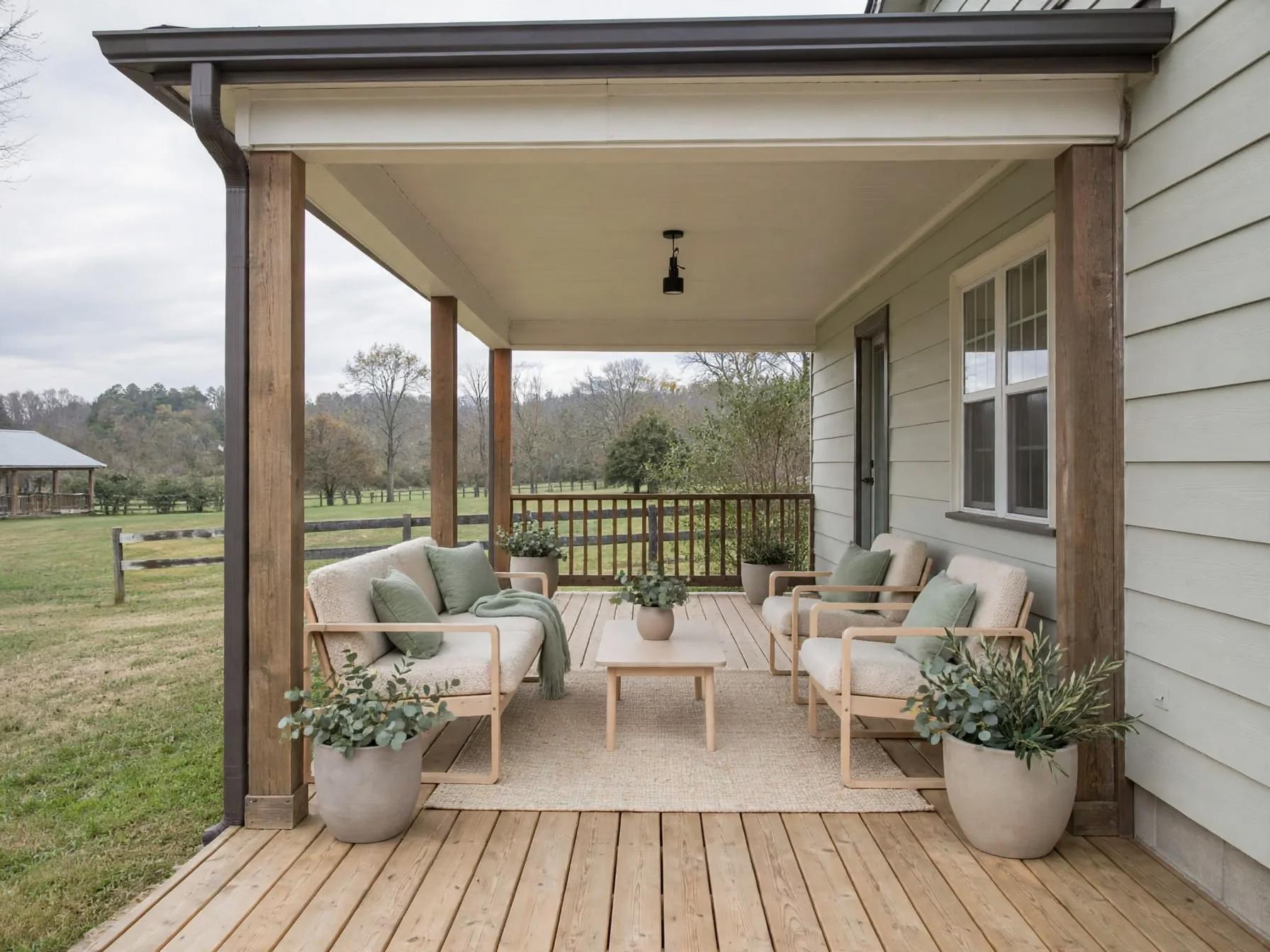 Scandinavian outdoor after AI exterior redesign by Renovaitor: Light‑wood Scandinavian seating and soft green accents on porch