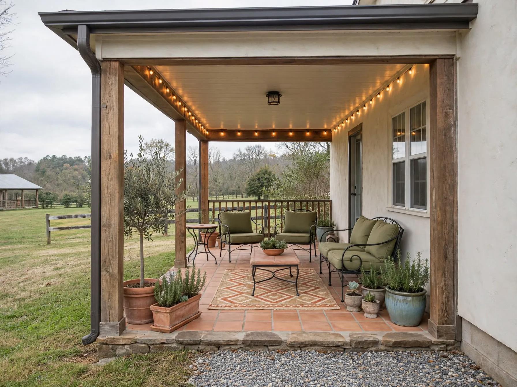 Covered patio with terracotta tile floor, green cushioned wrought-iron seating, string lights, patterned rug and many potted plants