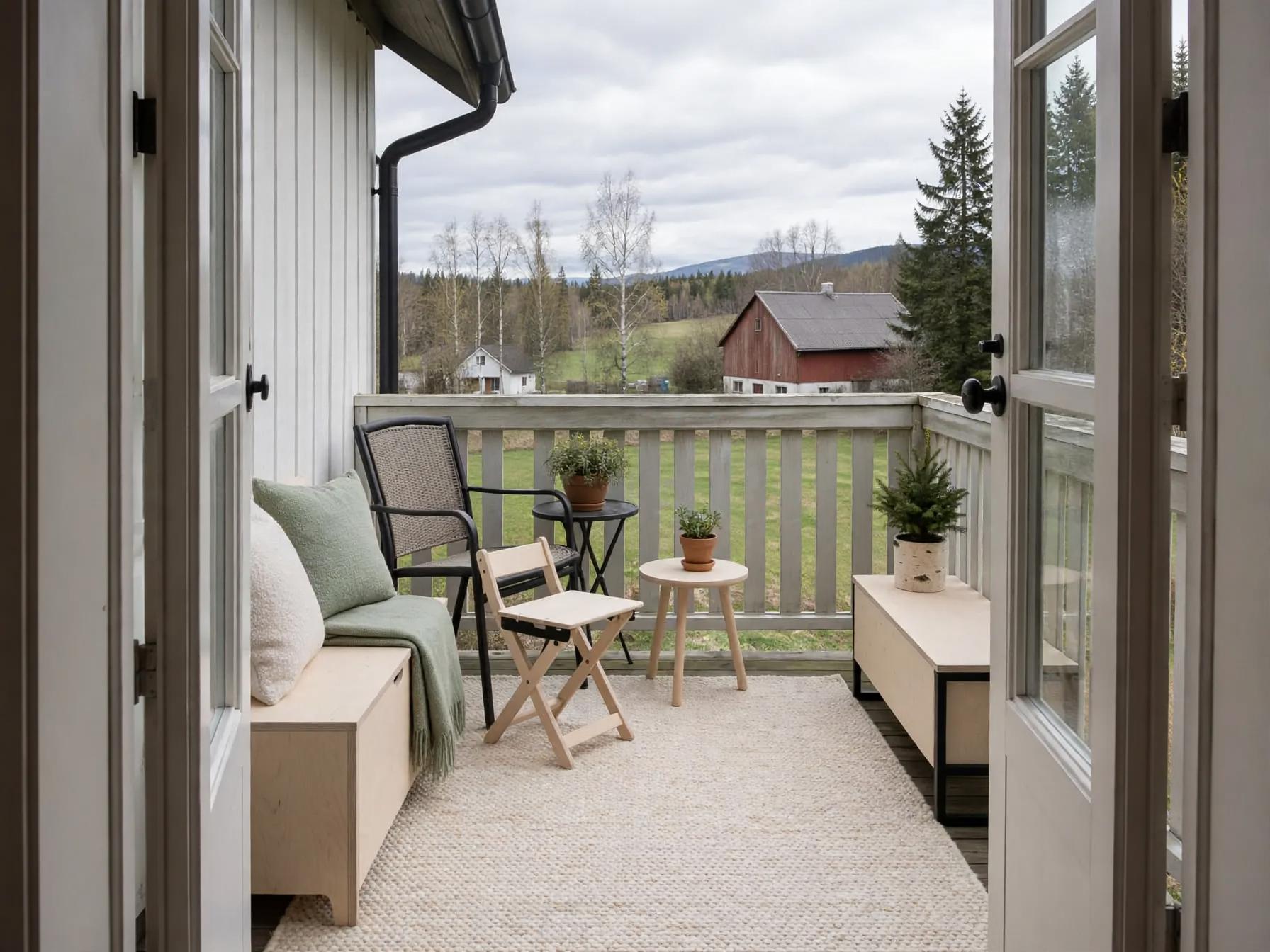 Scandinavian outdoor after AI exterior redesign by Renovaitor: Small balcony fitted with pale birch benches and woven rug