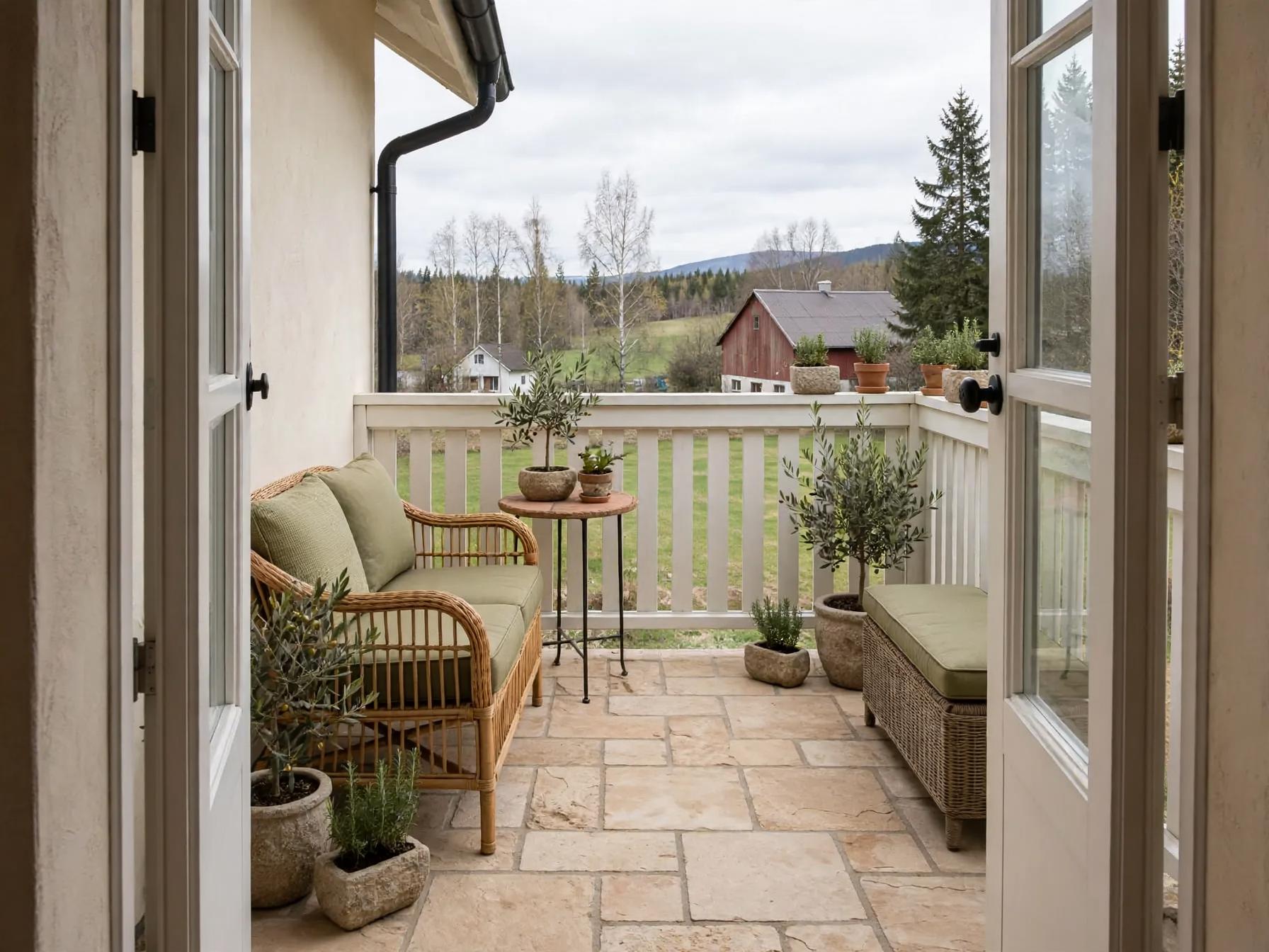 Mediterranean outdoor after AI exterior redesign by Renovaitor: Stone-tiled cottage balcony with olive plants and rattan seating