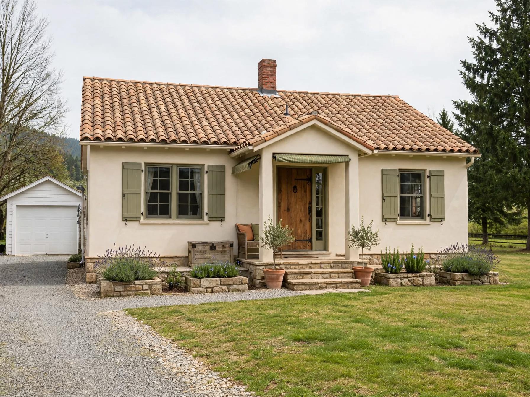 Mediterranean outdoor after AI exterior redesign by Renovaitor: Terracotta-tiled roof and green shutters transform the cottage exterior