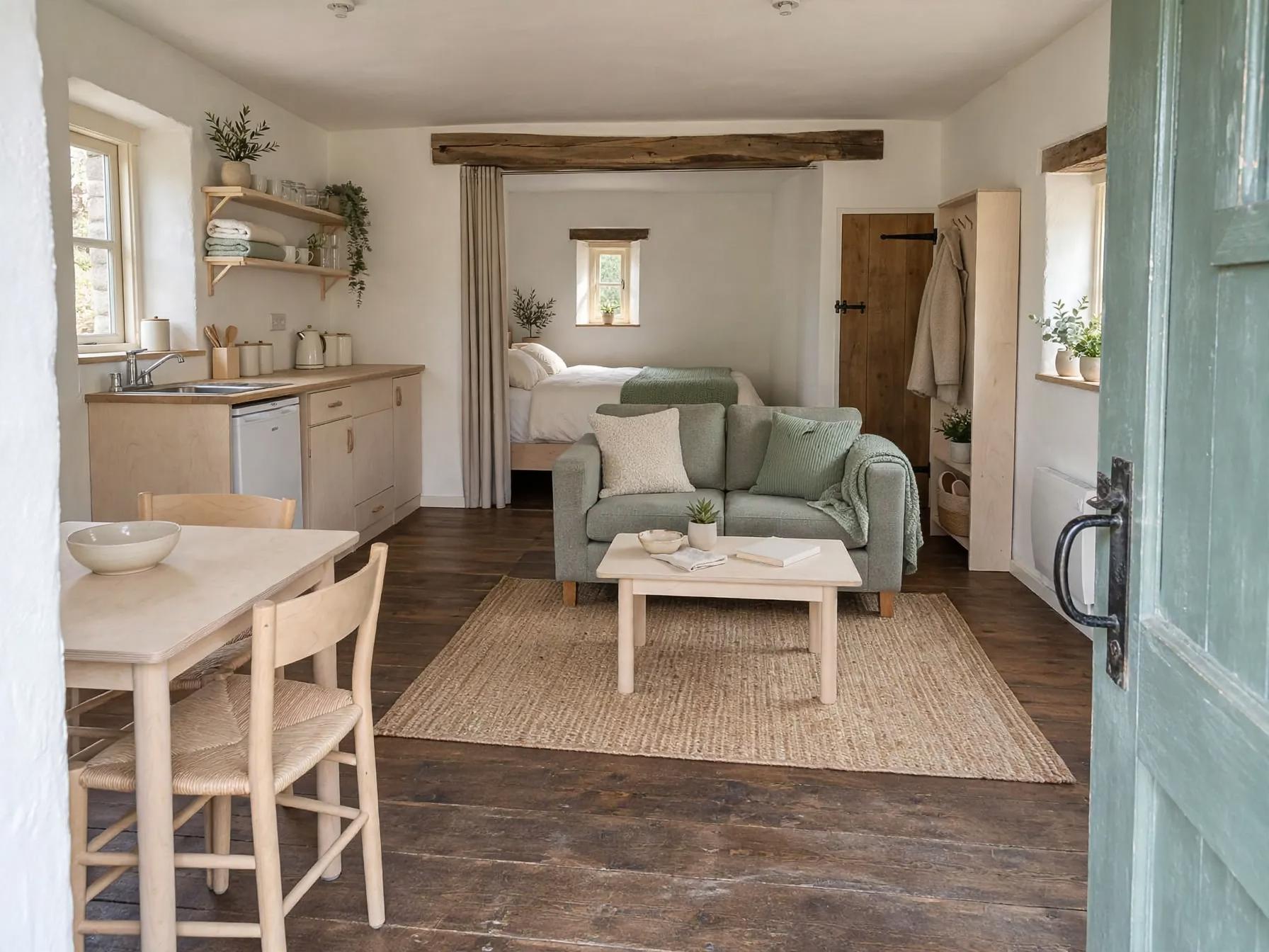 Scandinavian living room after AI restyle by Renovaitor: Exposed beam studio entry with sage-green sofa and jute rug