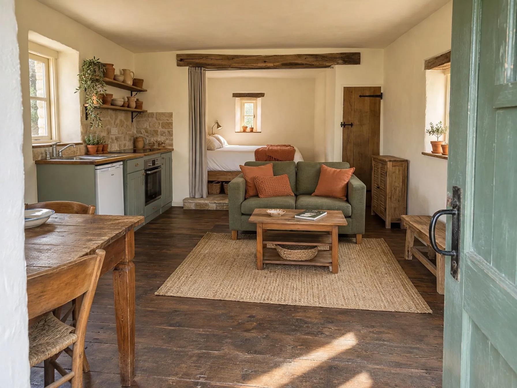 Mediterranean living room after AI restyle by Renovaitor: Terracotta accents and stone backsplash in a cottage living-room