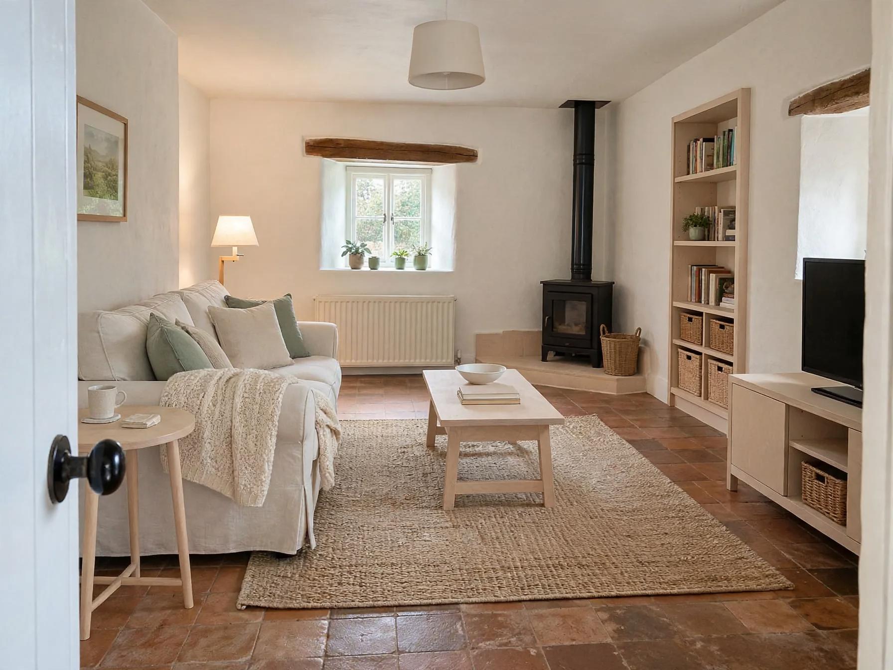 Scandinavian living room after AI restyle by Renovaitor: Exposed-beam window frames a Scandinavian cottage living room