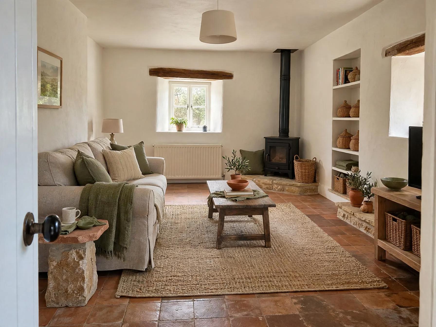 Same room styled with olive-green cushions and throws, terracotta pots, woven baskets on shelves, stone side plinth and layered tabletop accessories.