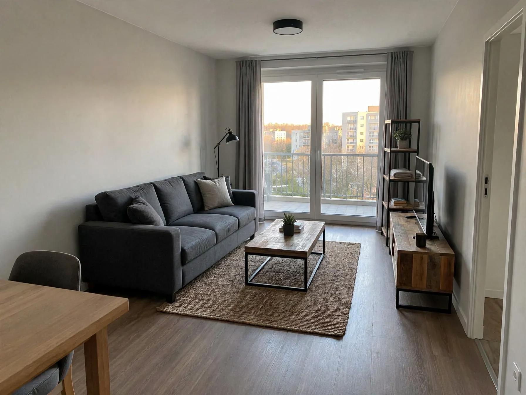 Industrial living room after AI restyle by Renovaitor: Floor-to-ceiling balcony window framed by grey drapes and jute rug