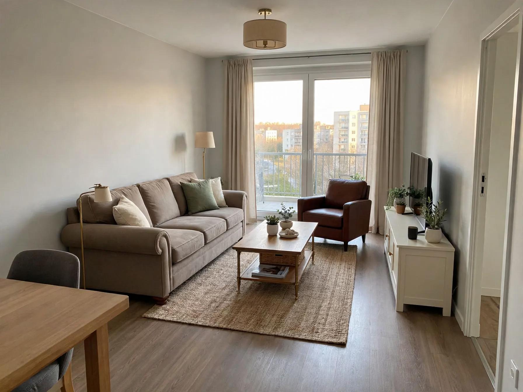 Same living room with rolled-arm beige sofa, leather armchair by balcony, woven rug, wooden coffee table with brass accents and lighter TV console