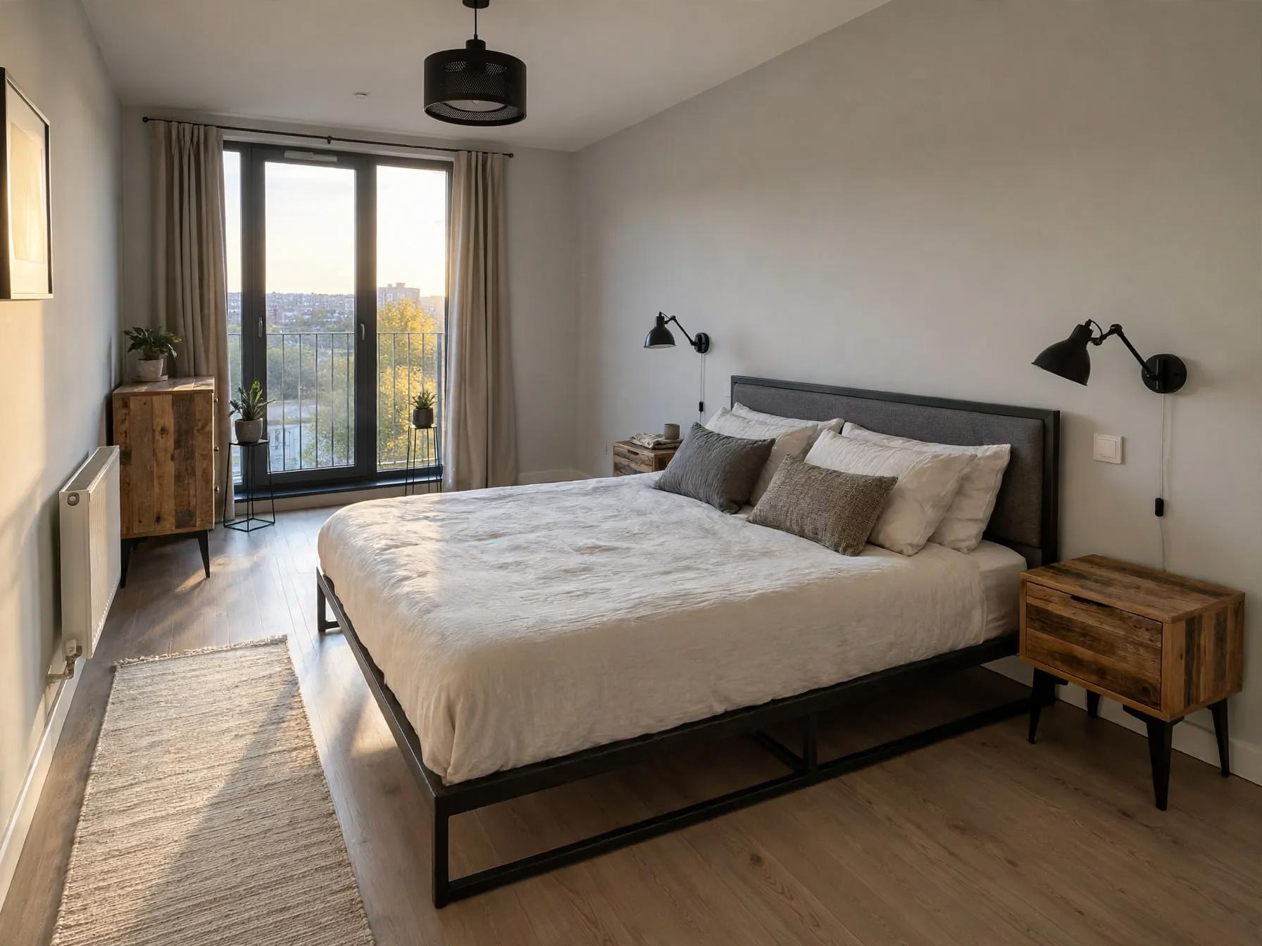 Industrial bedroom after AI restyle by Renovaitor: Black metal bedframe and woven bedside lamps in industrial bedroom