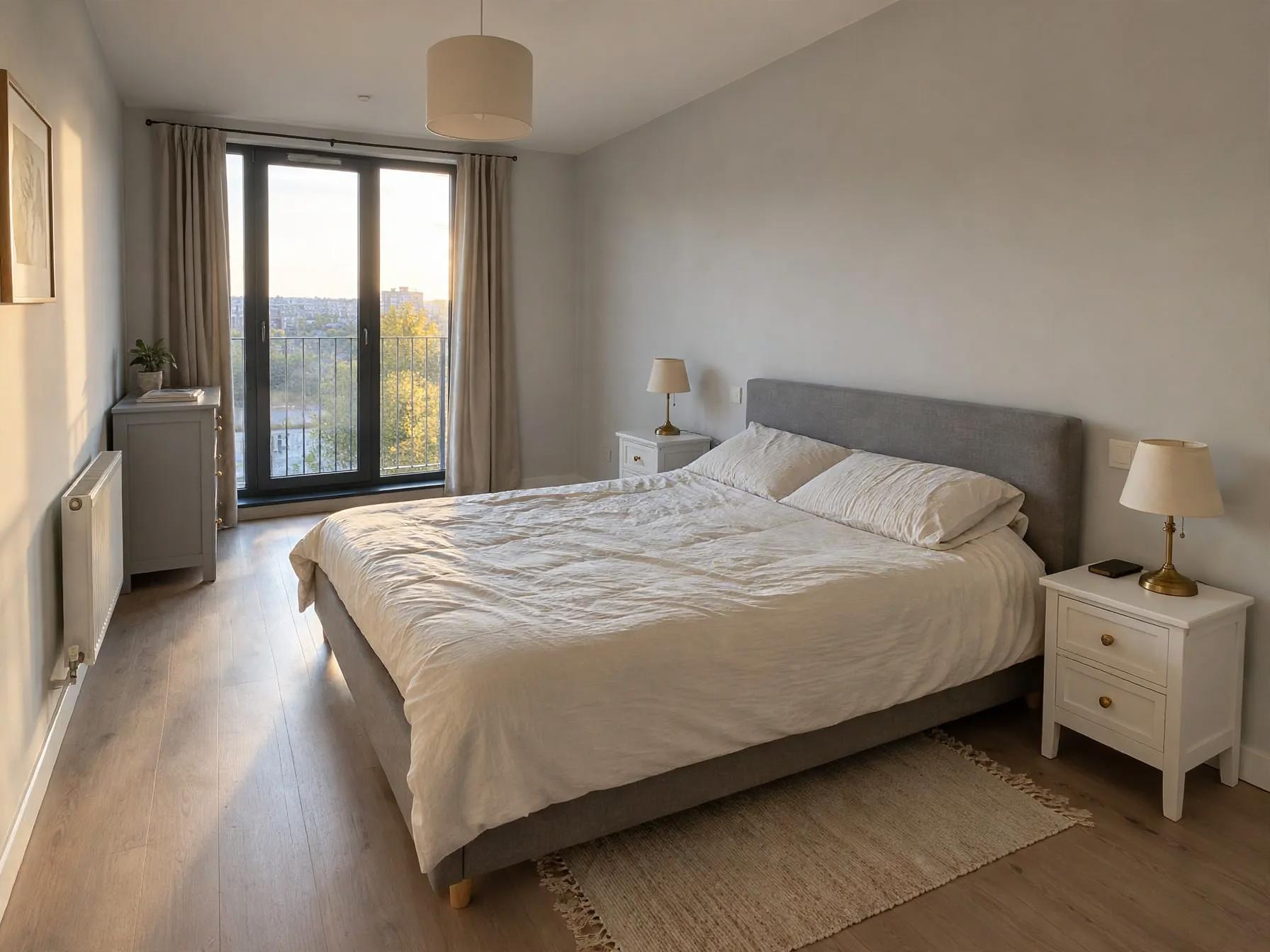 Traditional bedroom after AI restyle by Renovaitor: Symmetrical bedside swap and soft brass lighting in a neutral bedroom