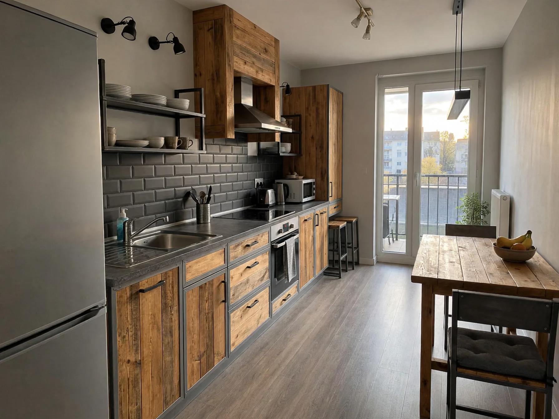 Industrial kitchen after AI restyle by Renovaitor: Reclaimed wood cabinetry and charcoal tile backsplash in a narrow kitchen